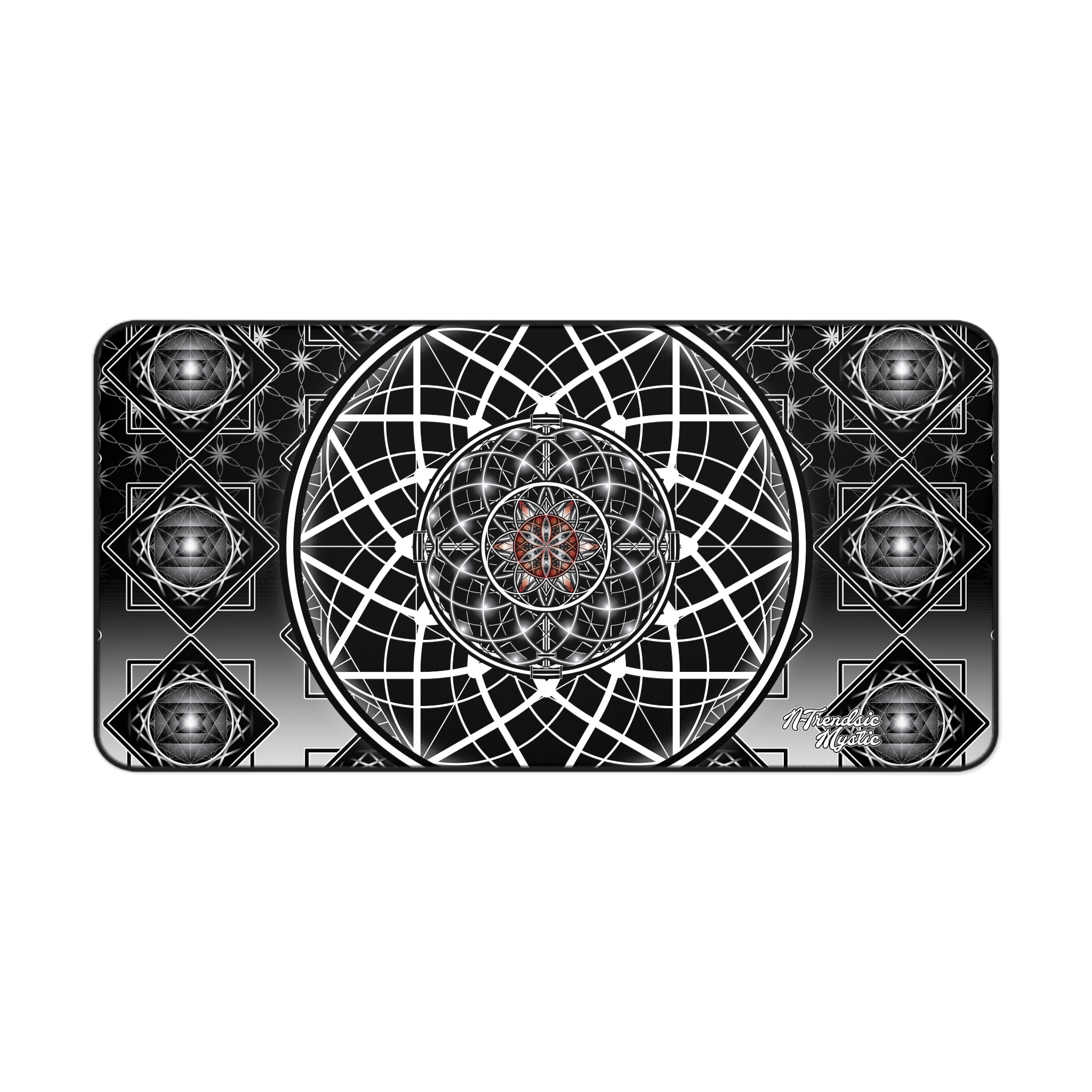 Ascension Grid desk mat with black-and-white sacred geometry rosette, concentric lines, and diamond mandalas on stitched-edge mat