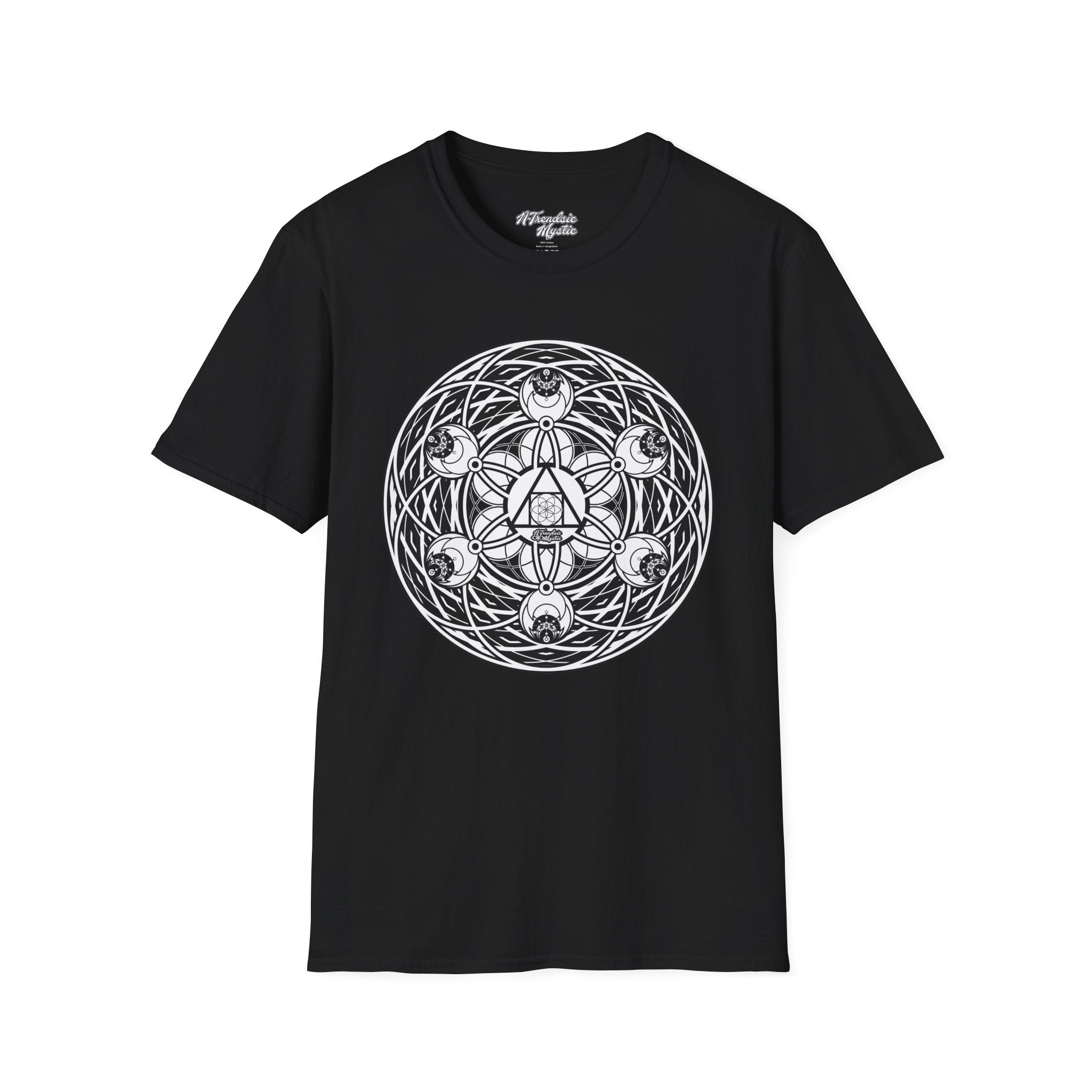 Mystical Hermetic Thoughts unisex t-shirt — sacred geometry with Flower of Life, lunar phases, and Hermetic triangle design