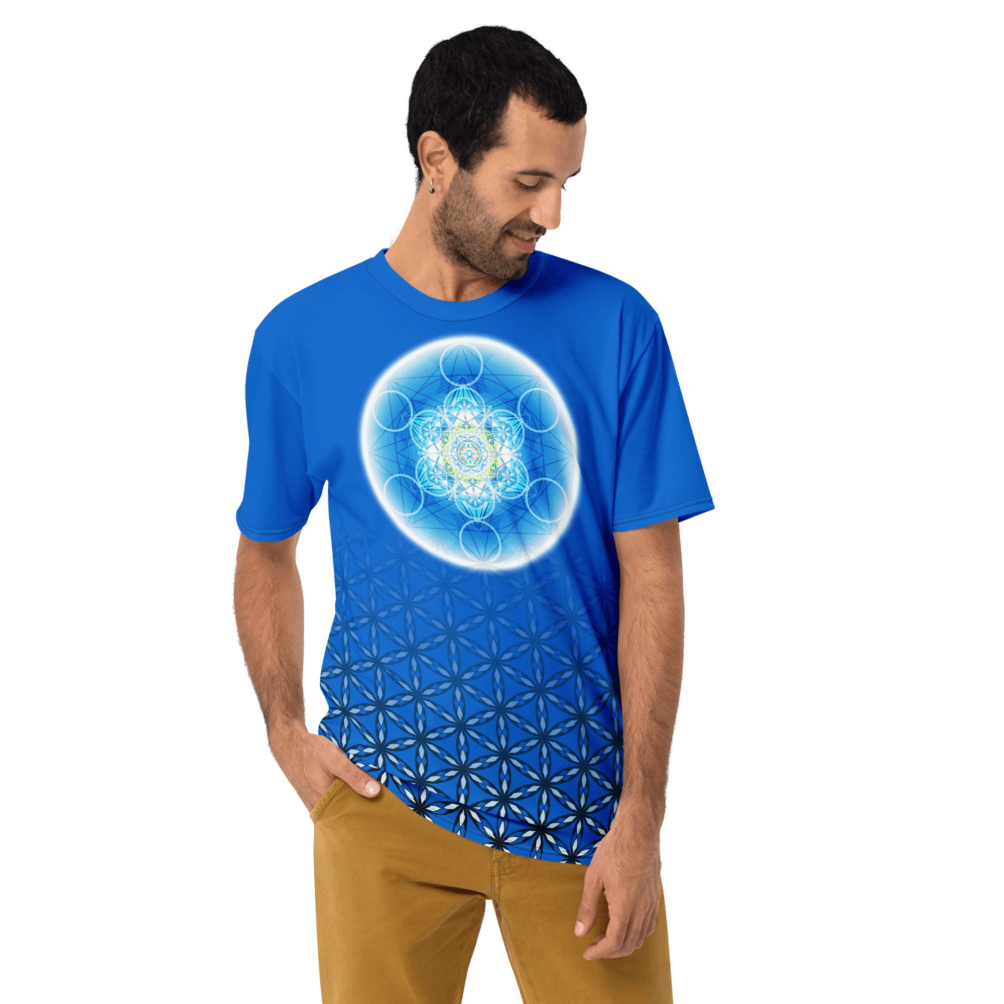 Sacred Nest men’s t-shirt — interlaced geometric linework (front); Sacred Nest tee — centered nest pattern, lifestyle view.
