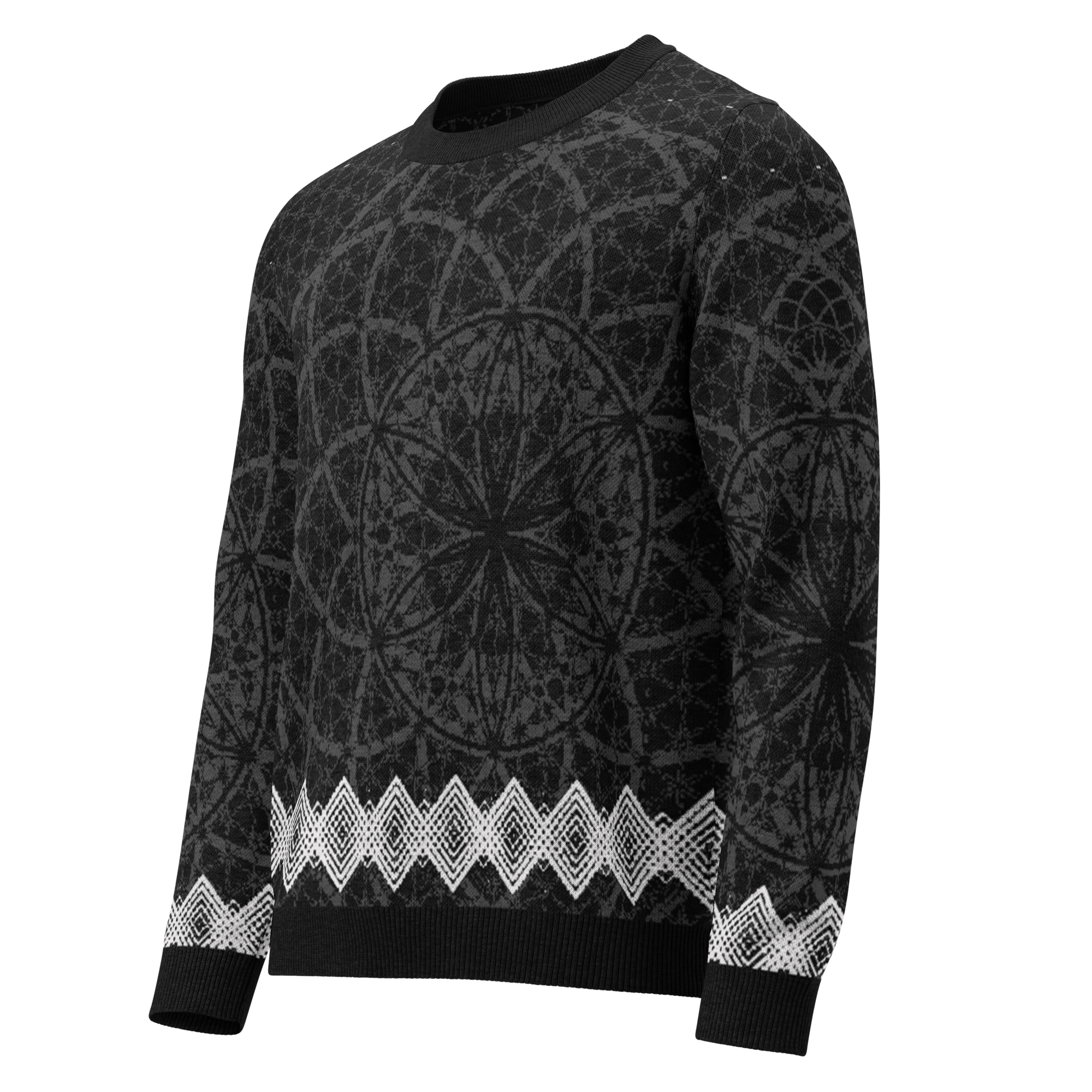 Black knitted sweater with all-over sacred geometry pattern, white diamond trim at hem and cuffs, and NTrendSic Mystic branding on back hem.