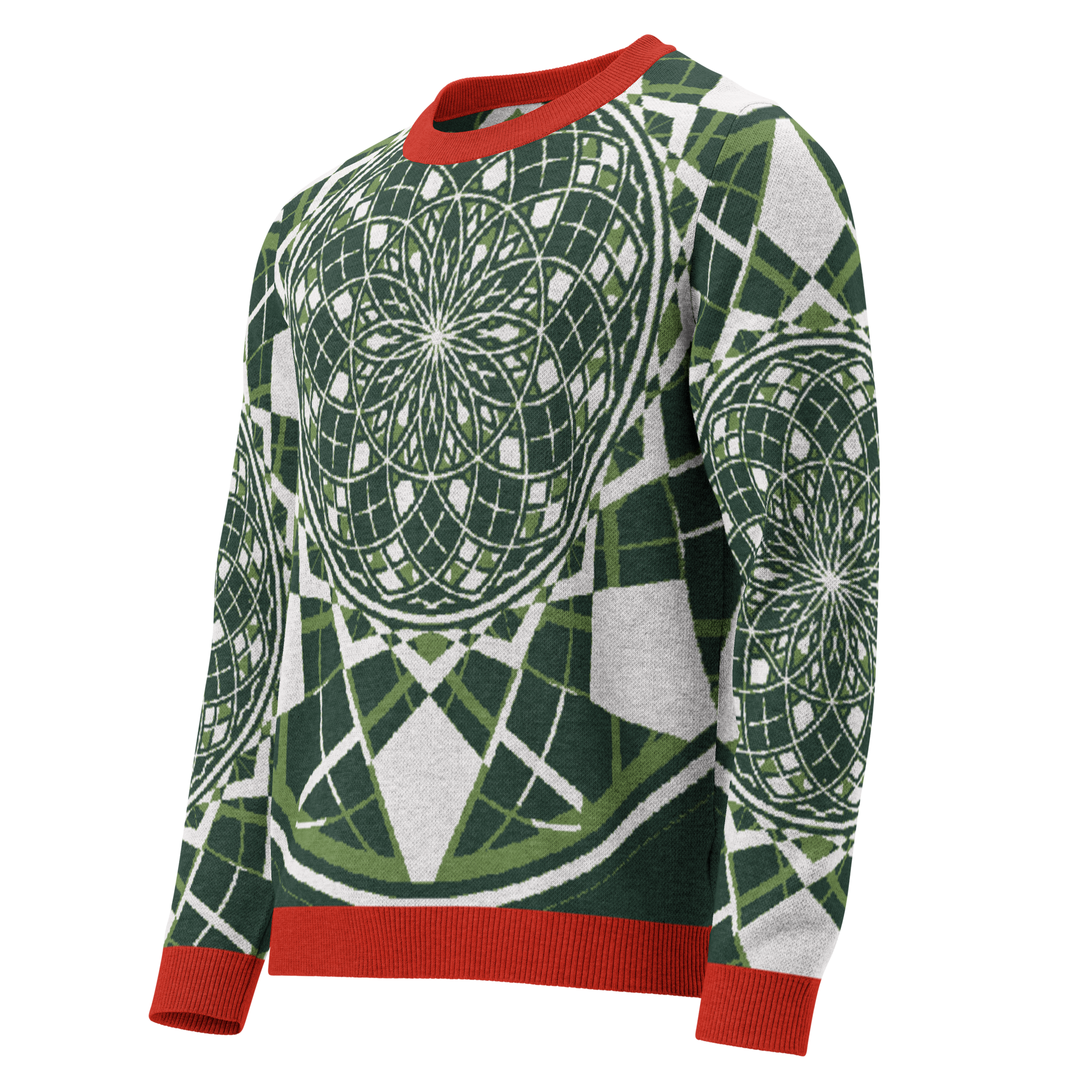 Sweater with pastel candy tones and sacred geometry motif, crew neck design in lightweight unisex knit.