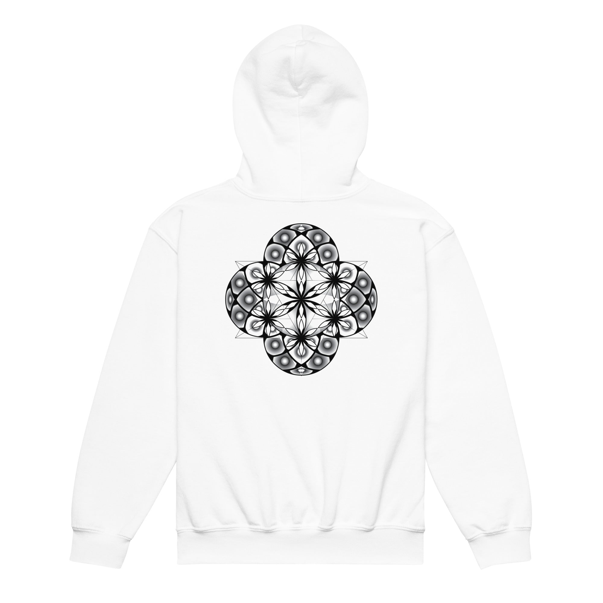 Little Mystics youth hoodie with luminous Flower of Life sacred geometry design on back and front logo
