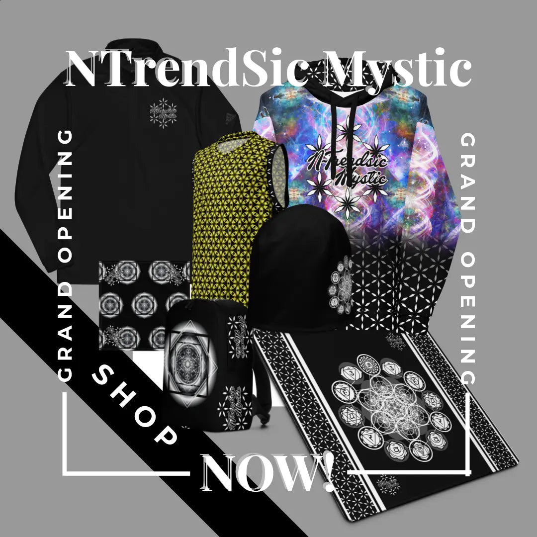 Collage of NTrendSic Mystic apparel and accessories featuring sacred-geometry designs, hoodies, bags, and patterned gear arranged in a bold grand-opening promotional layout.