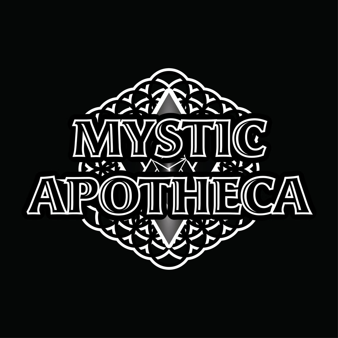 Mystic Apotheca logo with bold white lettering over an intricate geometric mandala design on a black background, symbolizing a mystical curated store.