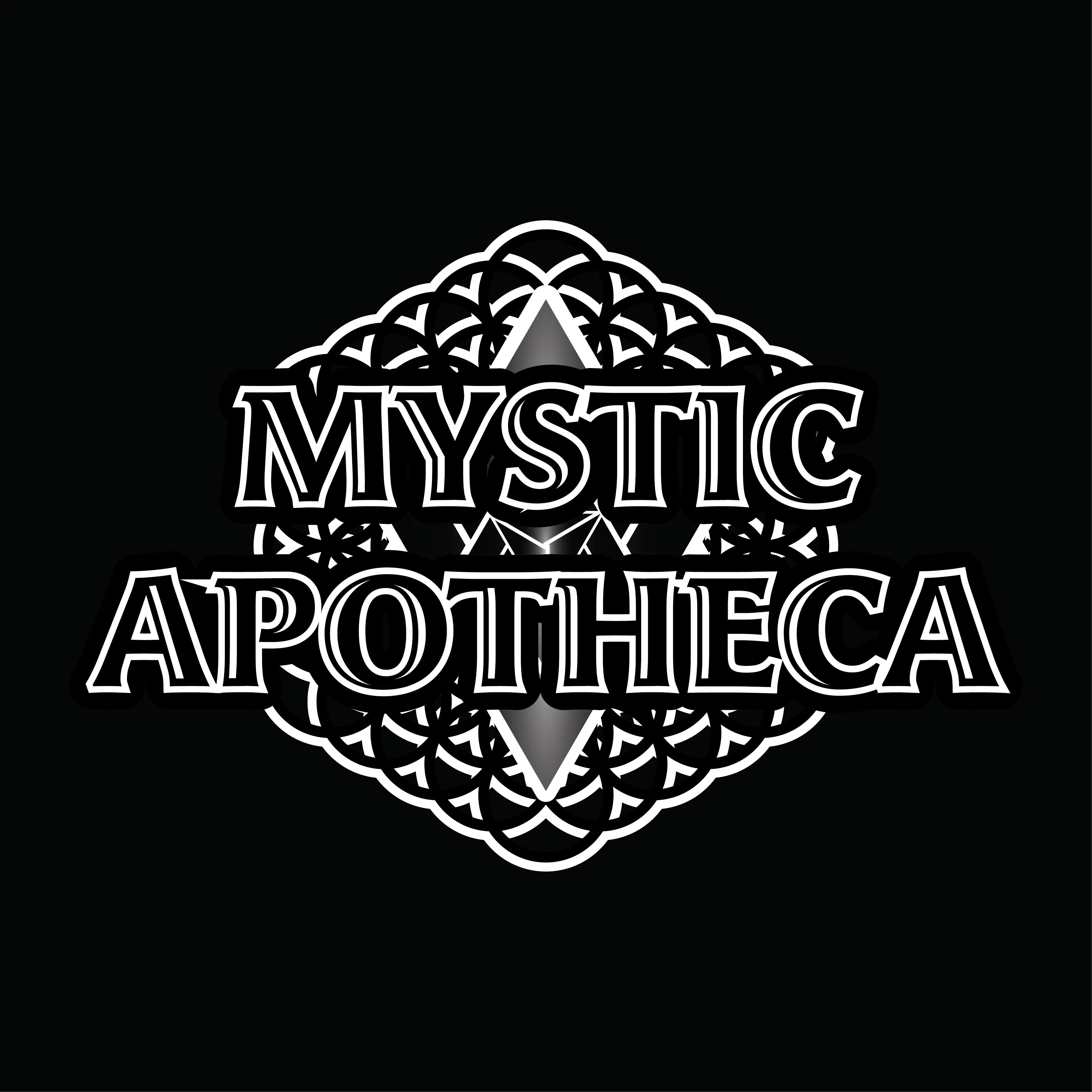 Mystic Apotheca logo with bold white lettering over an intricate geometric mandala design on a black background, symbolizing a mystical curated store.
