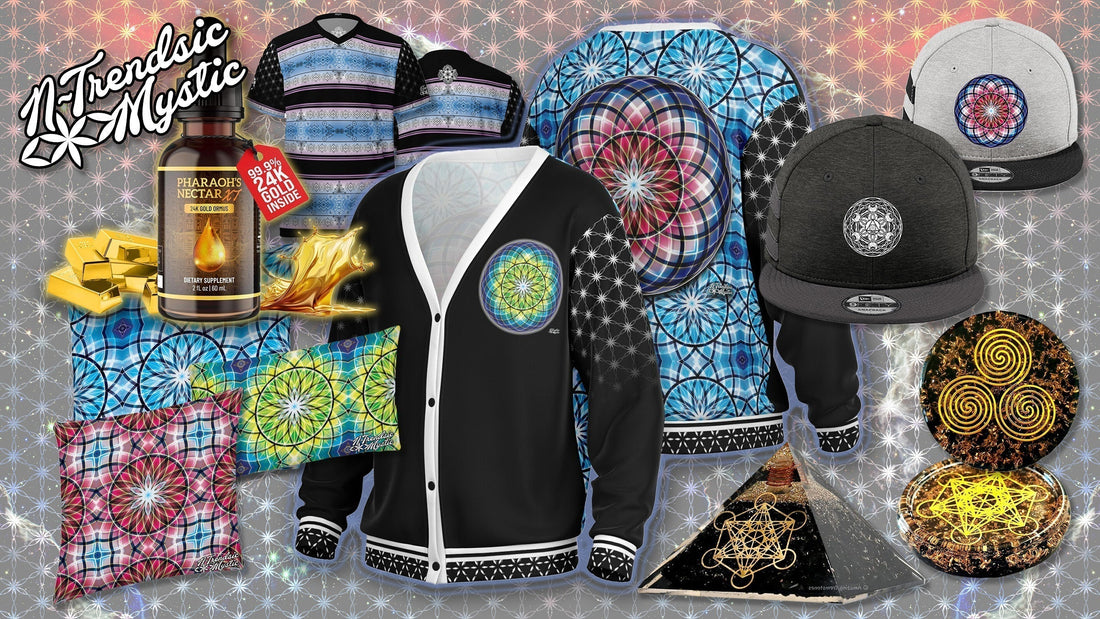Product collage highlighting NTrendSic Mystic’s new collection of streetwear, home décor, orgone tools, and alchemical elixirs.