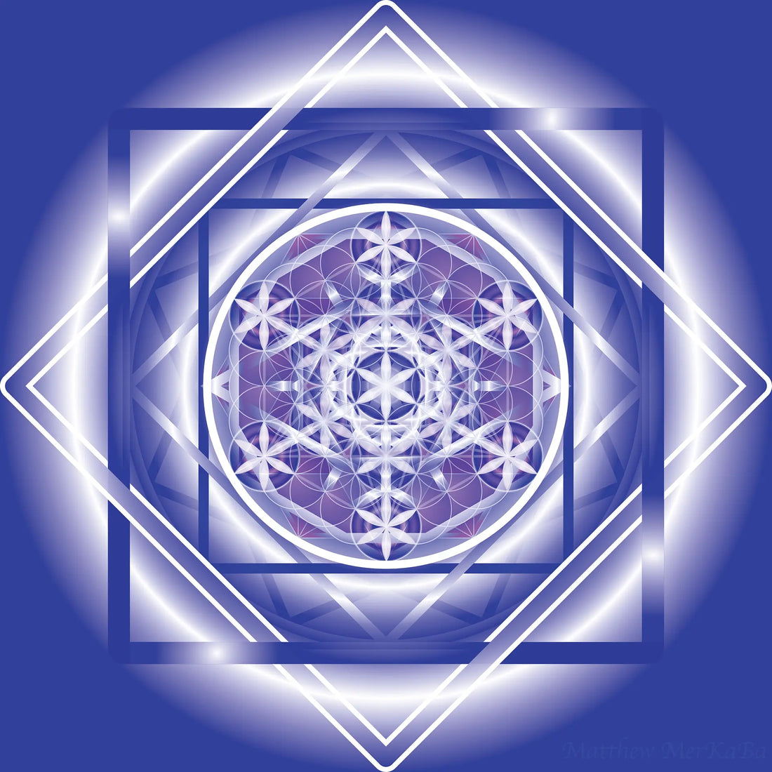 Radiant blue and white sacred-geometry mandala with layered star patterns, glowing lines, and luminous concentric shapes forming a cosmic, dimensional design.