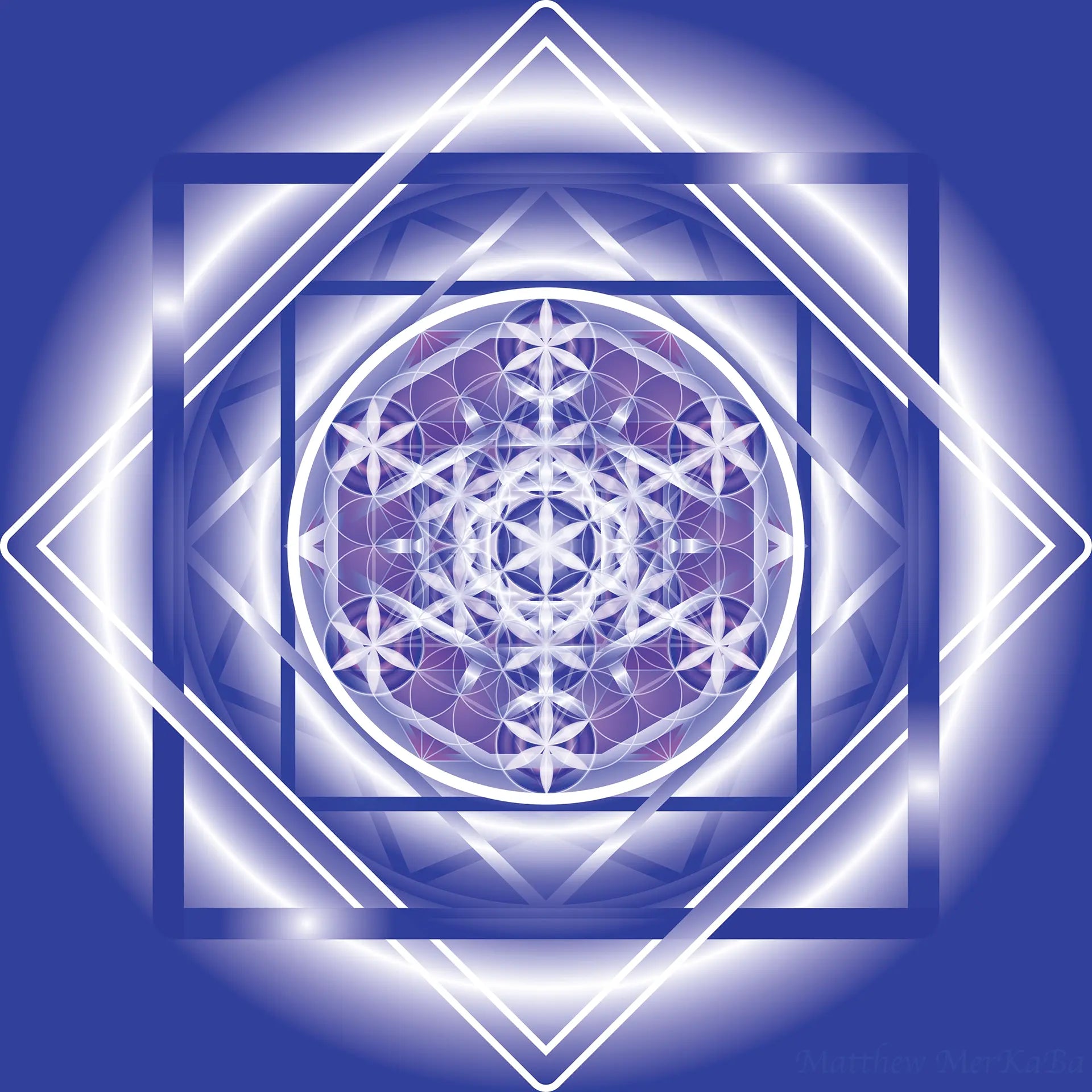 Radiant blue and white sacred-geometry mandala with layered star patterns, glowing lines, and luminous concentric shapes forming a cosmic, dimensional design.