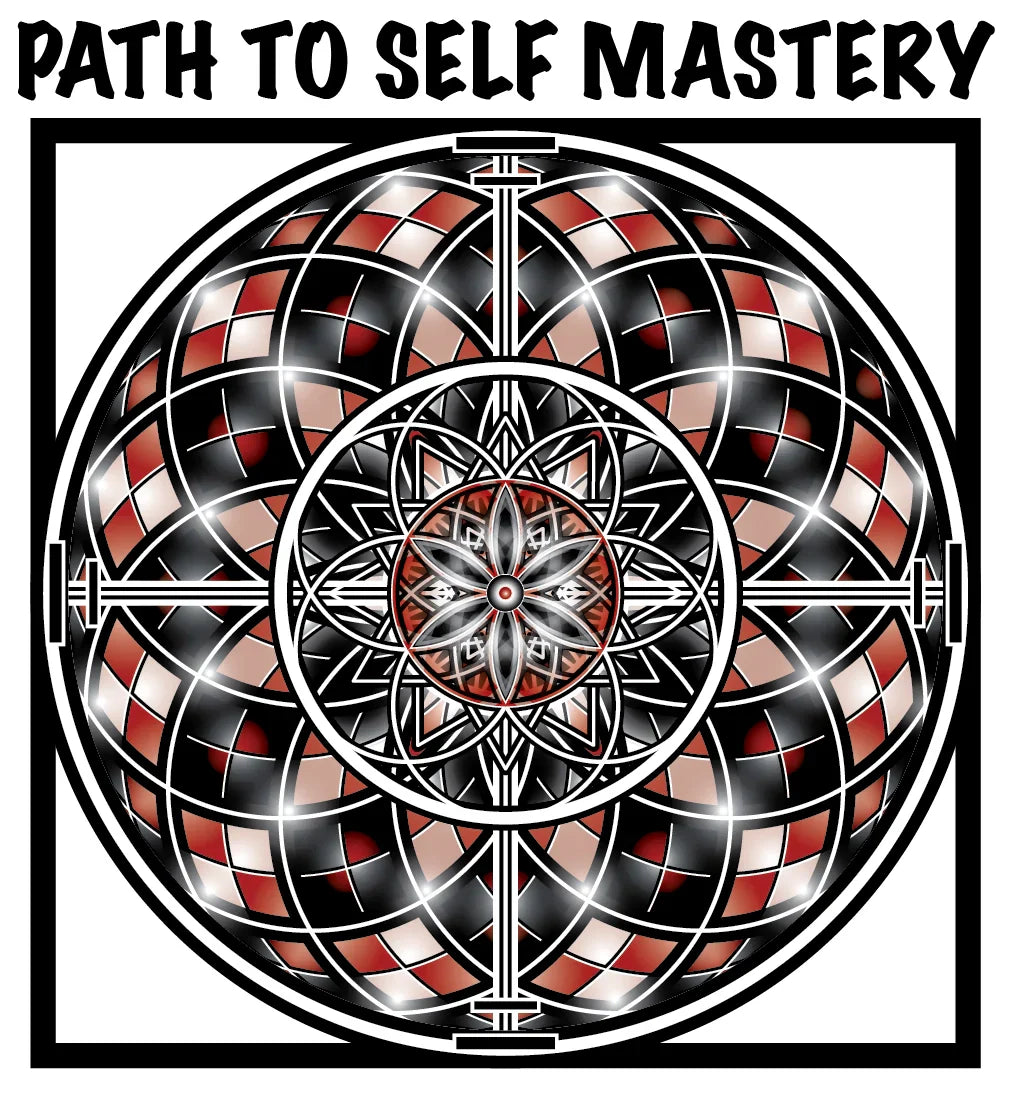 Intricate mandala design with metallic red, black, and white geometry beneath bold text reading ‘Path to Self Mastery,’ framed in a square border.