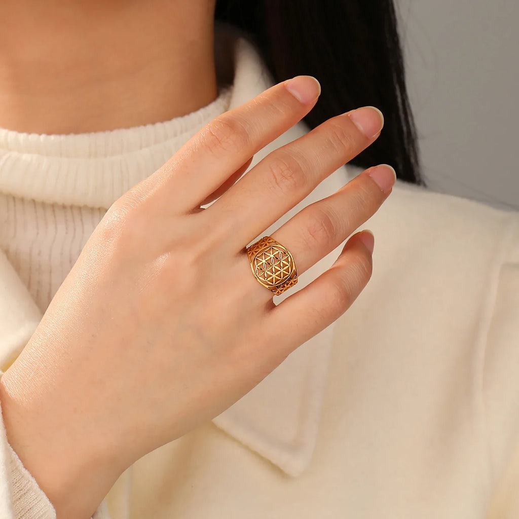 Flower of Life Sacred Geometry Ring – Gold Vintage Stainless Steel