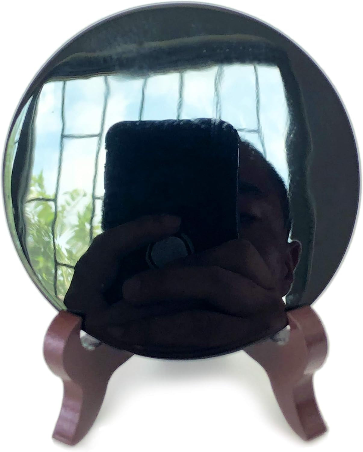 Black Obsidian Scrying Mirror with Wooden Stand | 100mm Divination & Meditation Tool