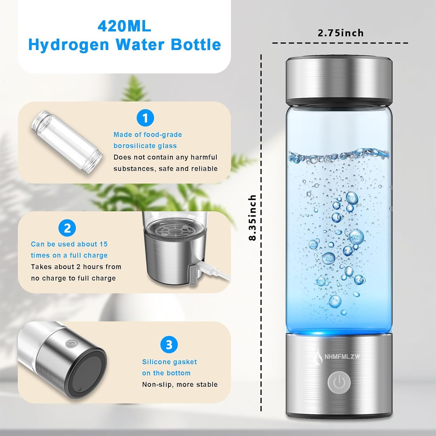 Hydrogen Water Bottle – Portable Ionizer with SPE PEM Tech | 420ml Borosilicate Glass, Rechargeable Base (2025 Upgrade)