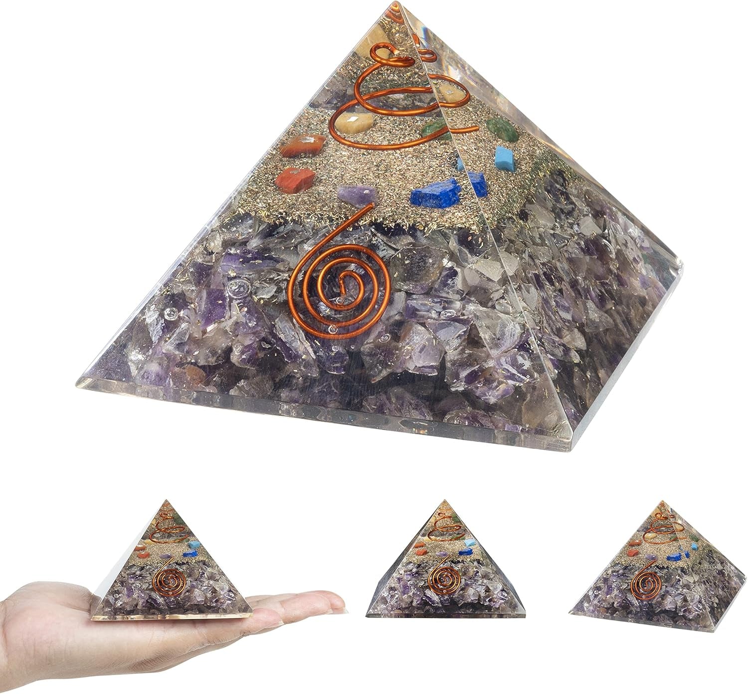 55Mm Orgone Pyramid Rainbow Moonstone Protection Crystals Reiki Healing Stones, Organite Pyramid for Good Luck Gift for Women Men Gemstone Crystal Chakra Charm Orgone Generator Orgonite Collection