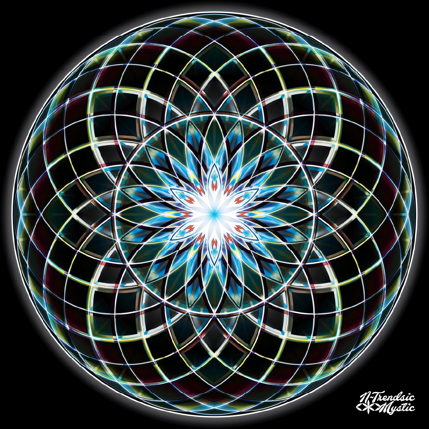 Colorful geometric mandala with concentric circles on a black background