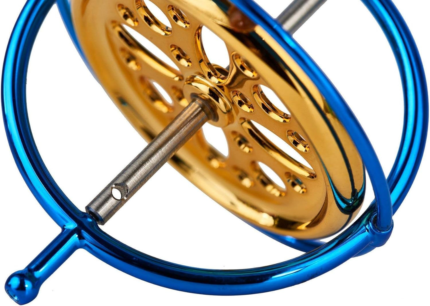 Mystic Anti-Gravity Spinning Top — polished metal precision gyroscope spinning in motion over a tabletop pedestal