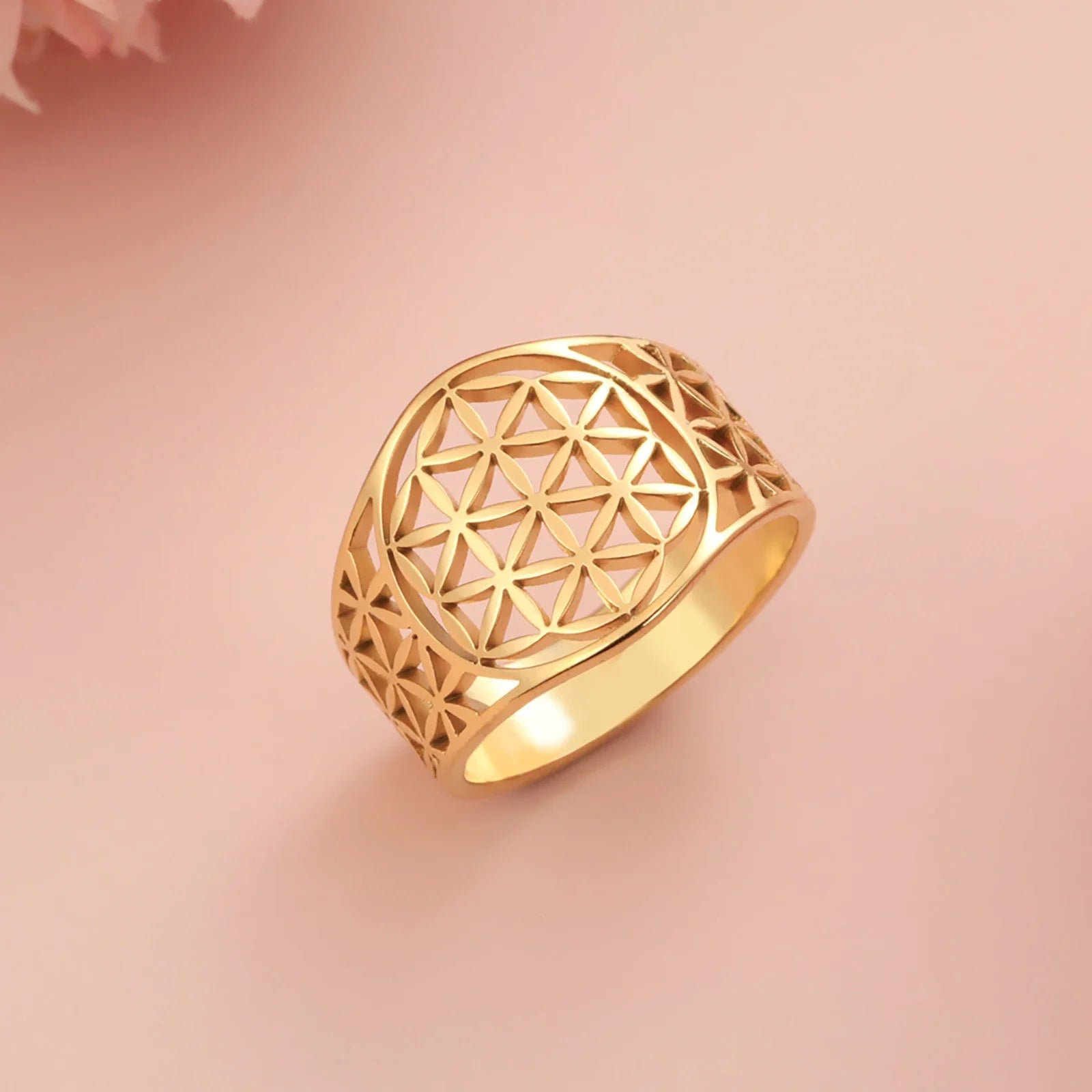 Flower of Life Sacred Geometry Ring – Gold Vintage Stainless Steel