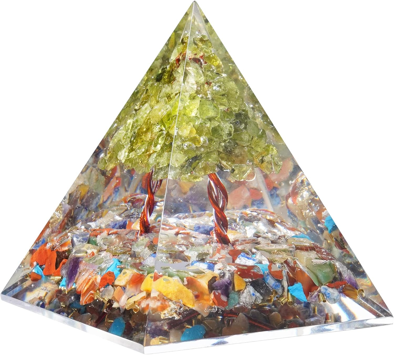 Handcrafted gemstone orgone pyramid with copper coil design, available in multiple decorative variations.