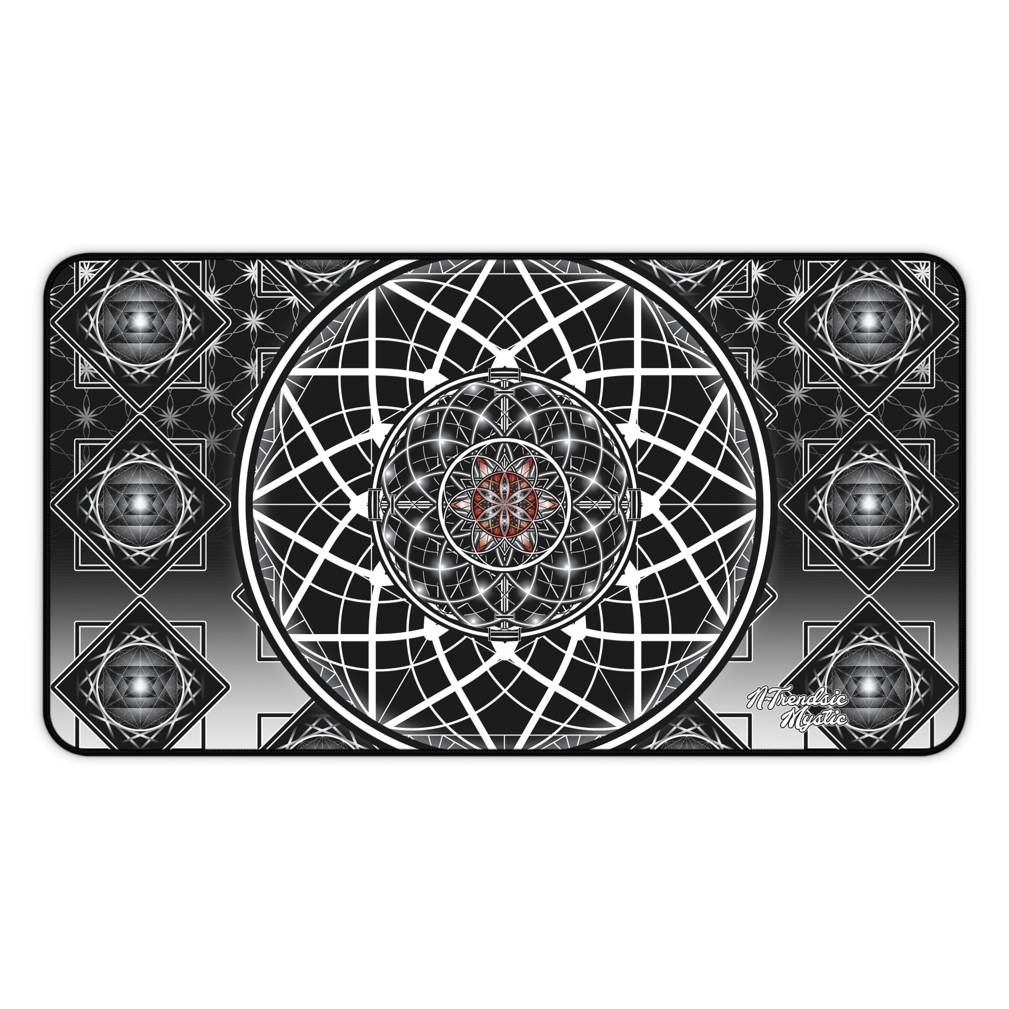 Ascension Grid desk mat with black-and-white sacred geometry rosette, concentric lines, and diamond mandalas on stitched-edge mat
