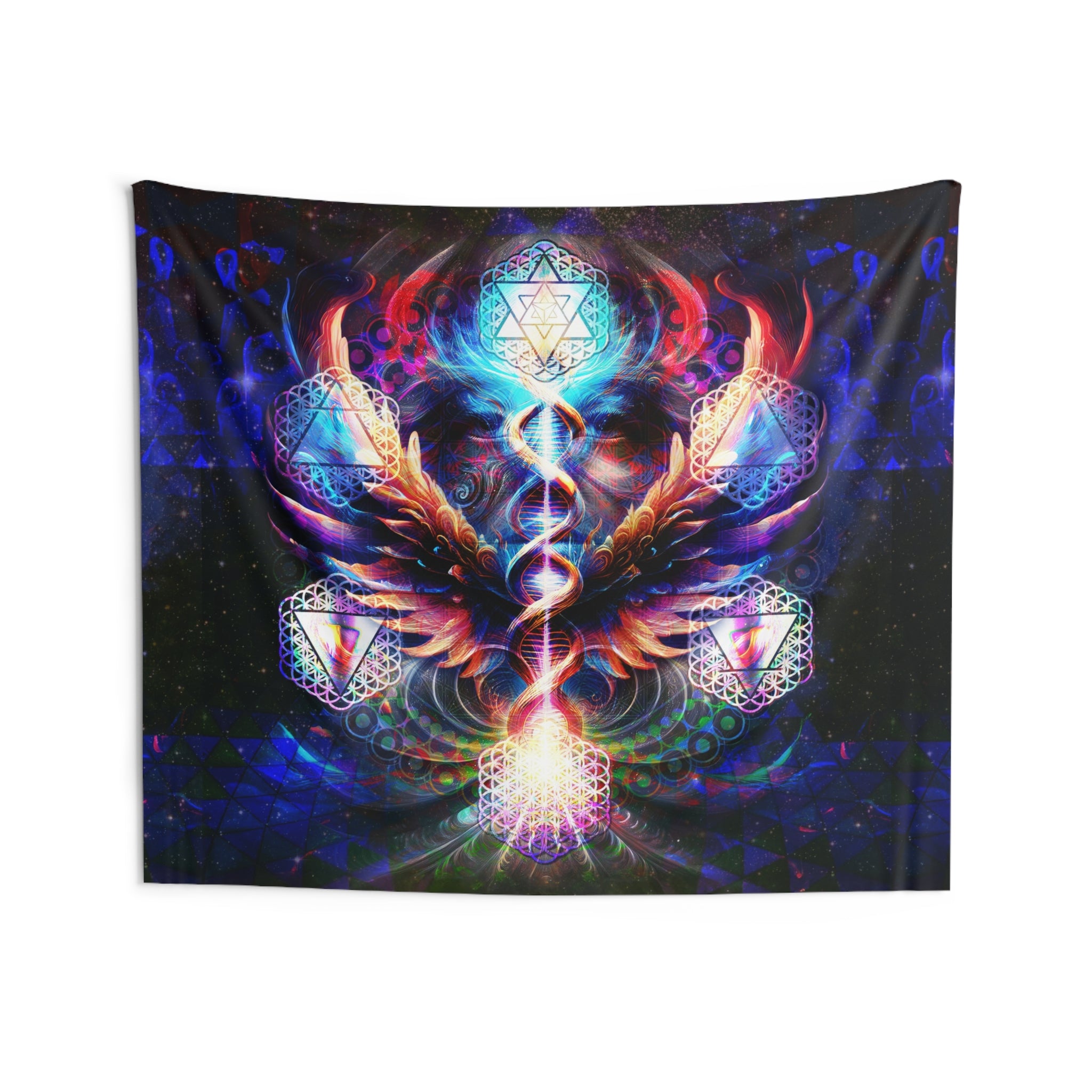 Essence of the All tapestry with sacred geometry, elemental symbols, DNA spiral, and radiant wings in vivid cosmic colors