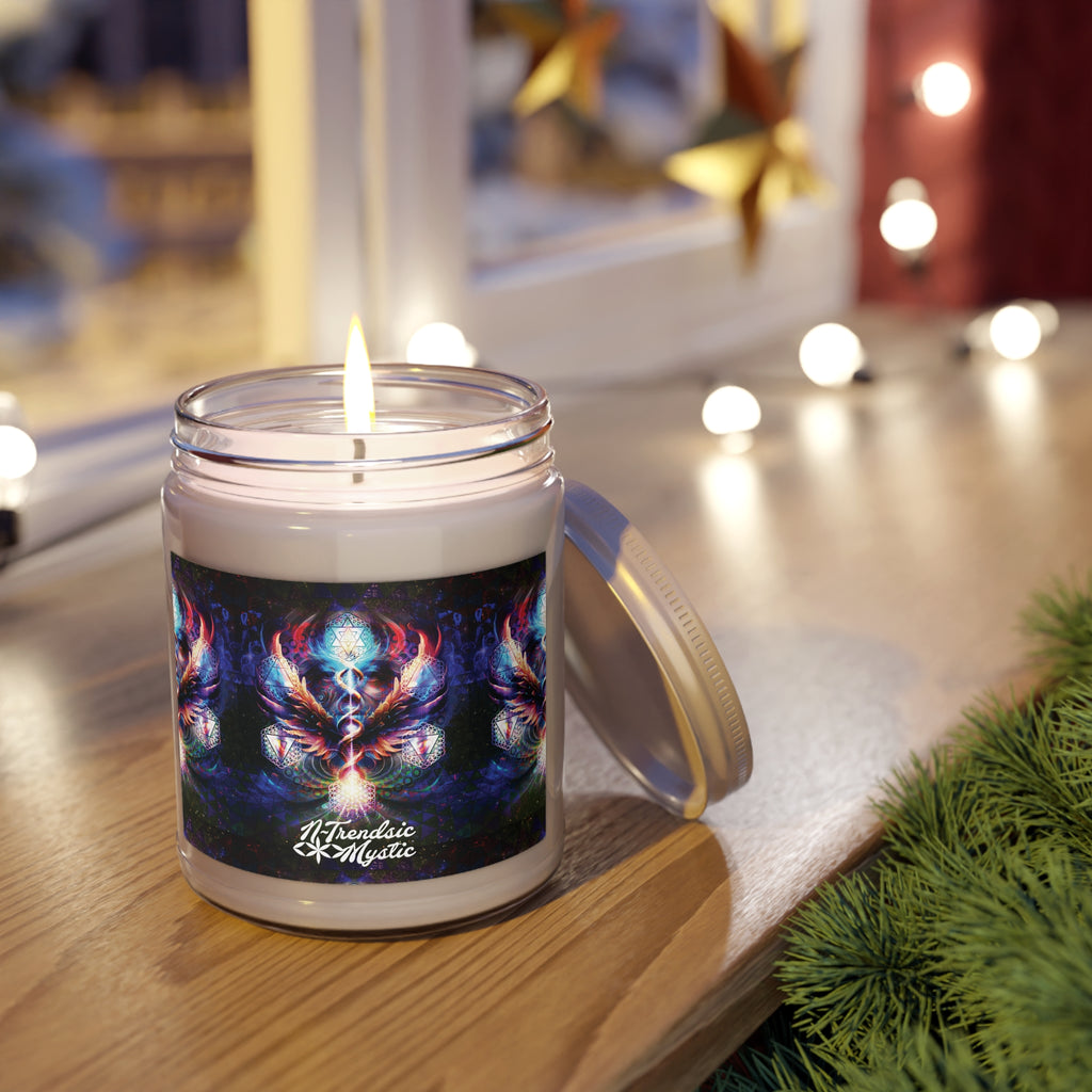 Essence of the All candle with phoenix, crystalline geometry, and sacred light patterns in reusable glass jar
