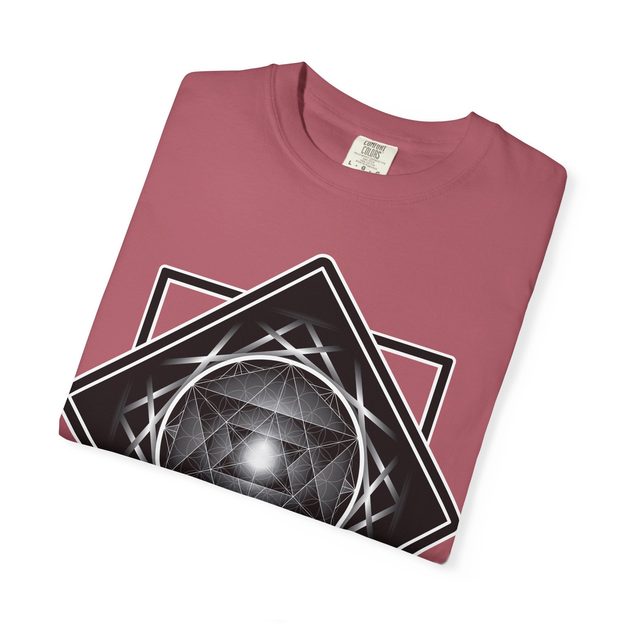 Merkaba Energy Tee – unisex t-shirt featuring luminous Merkaba star in monochrome sacred geometry design on multiple color options