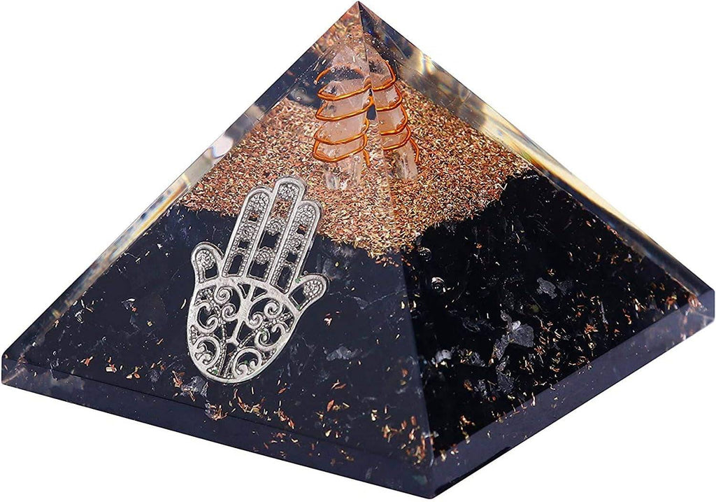 Black Tourmaline Orgone Pyramid & Hansa Hand emblem with copper coil design, ideal for meditation, décor, and grounding.