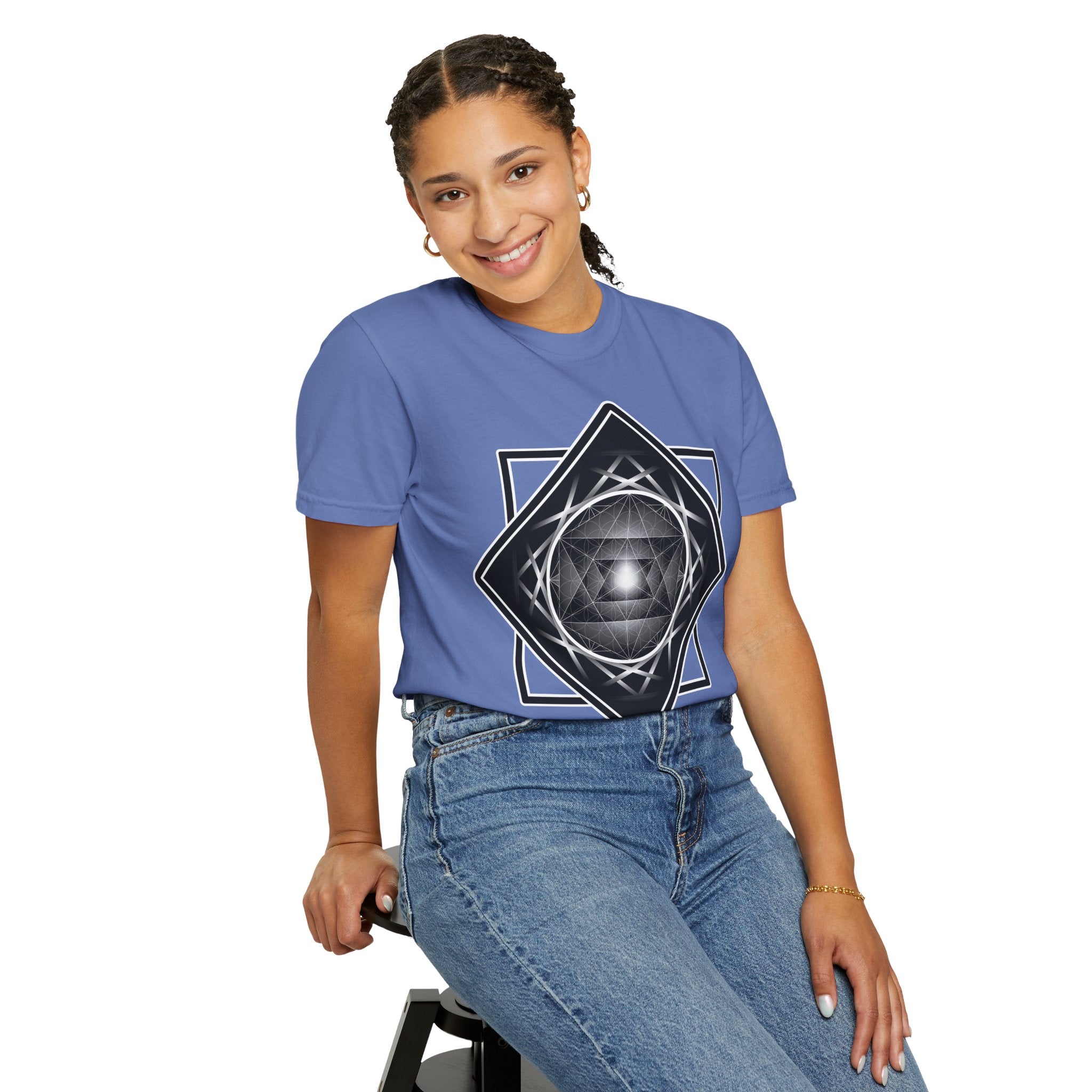 Merkaba Energy Tee – unisex t-shirt featuring luminous Merkaba star in monochrome sacred geometry design on multiple color options