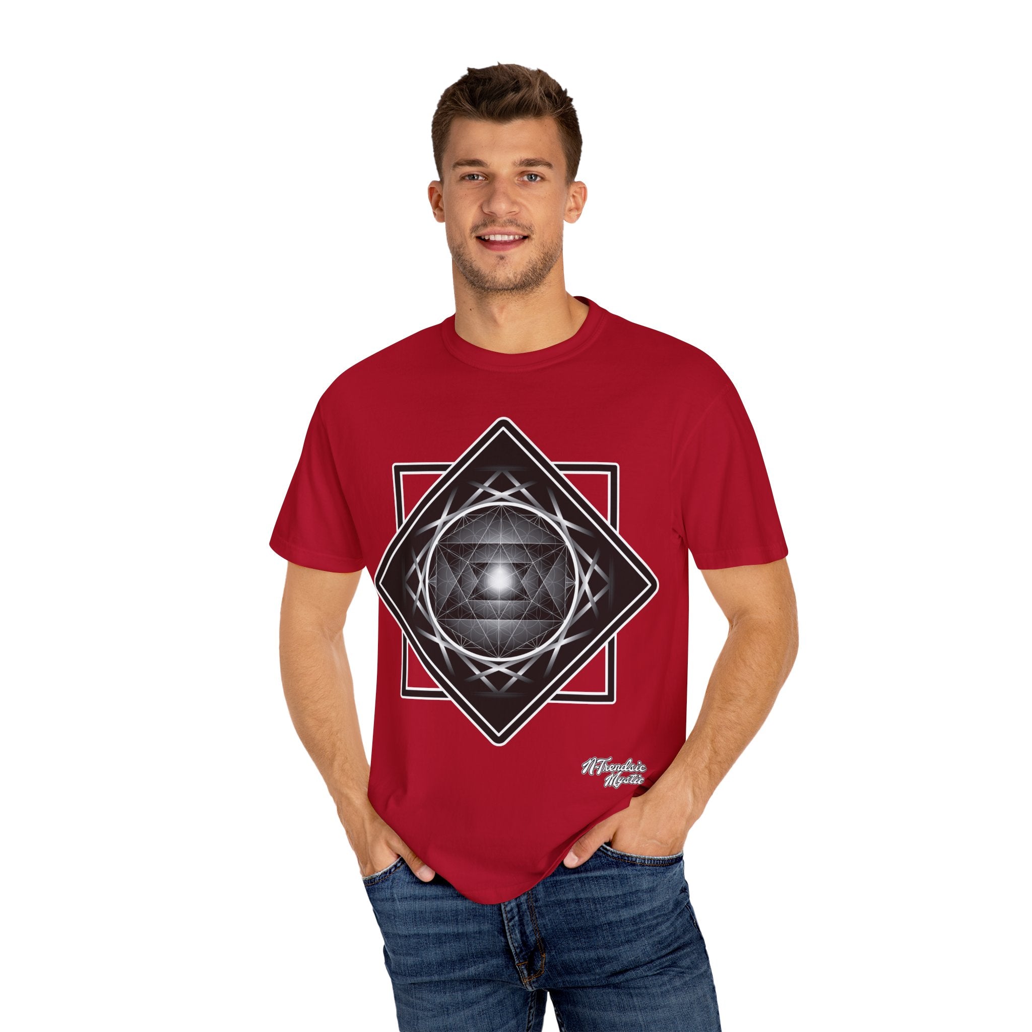 Merkaba Energy Tee – unisex t-shirt featuring luminous Merkaba star in monochrome sacred geometry design on multiple color options