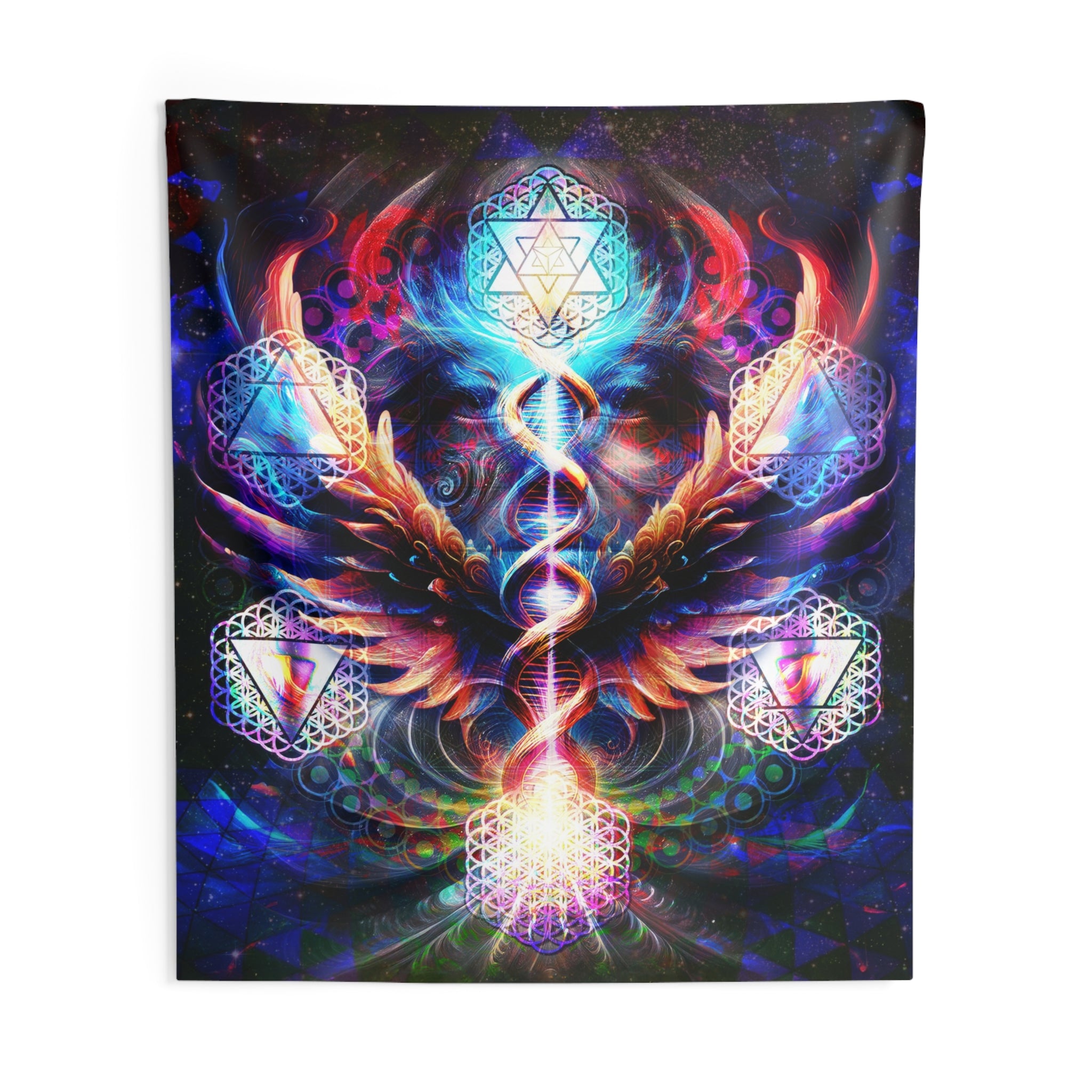 Essence of the All tapestry with sacred geometry, elemental symbols, DNA spiral, and radiant wings in vivid cosmic colors