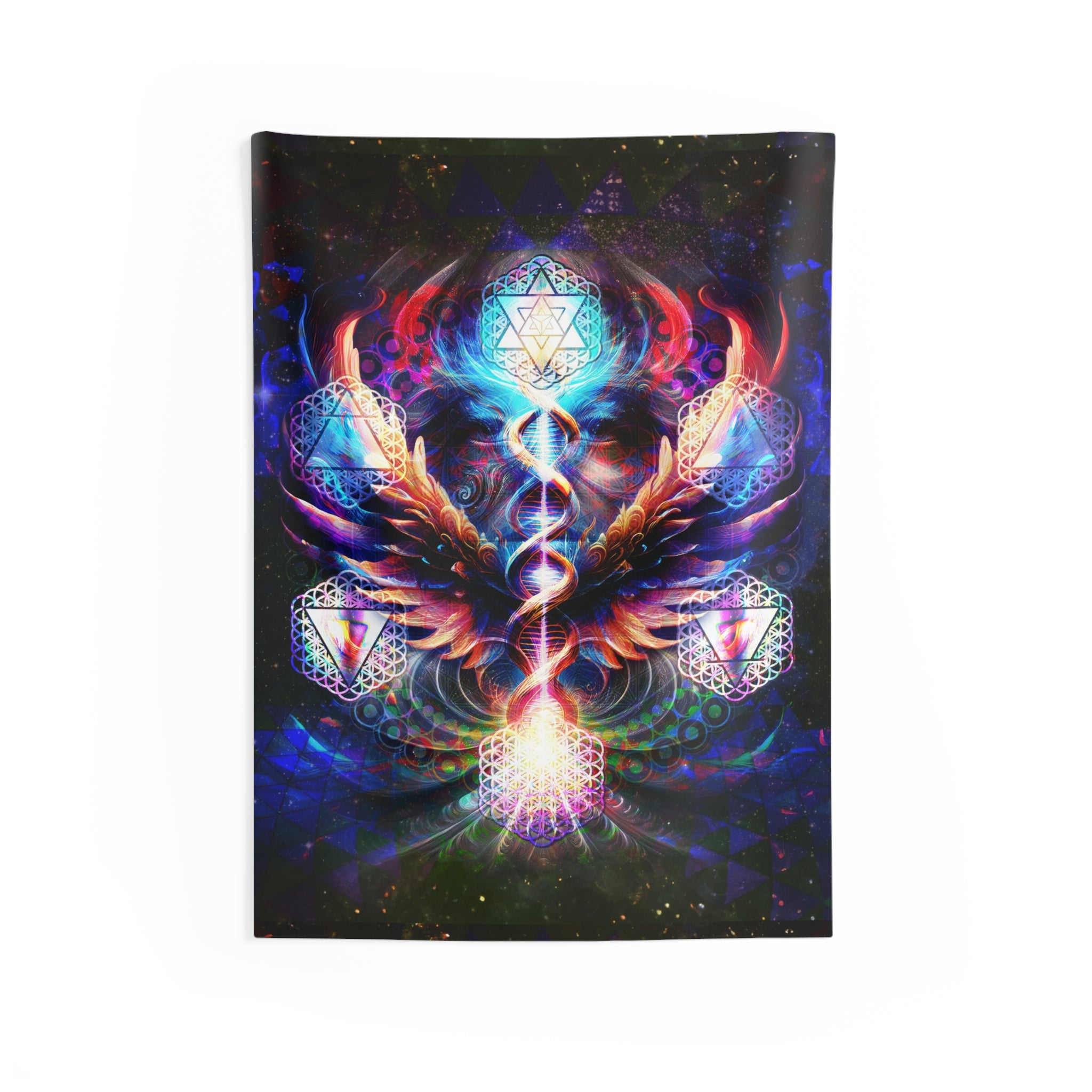Essence of the All tapestry with sacred geometry, elemental symbols, DNA spiral, and radiant wings in vivid cosmic colors