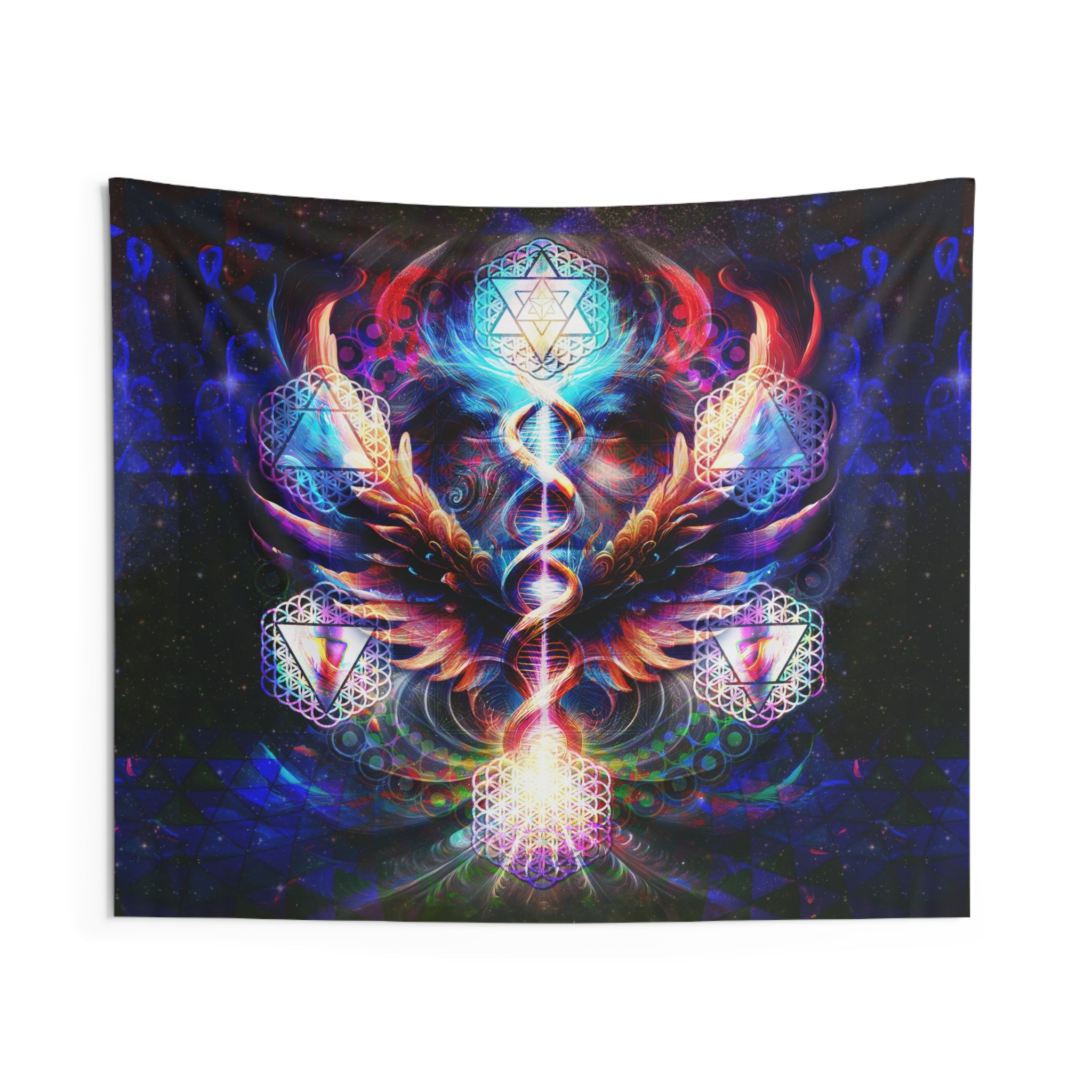 Essence of the All tapestry with sacred geometry, elemental symbols, DNA spiral, and radiant wings in vivid cosmic colors