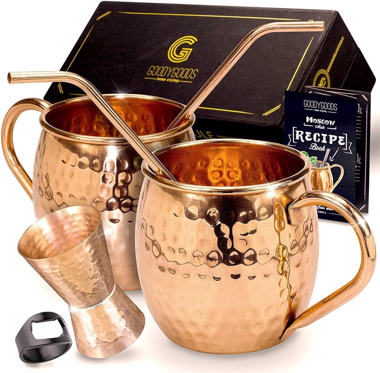 100% Pure Solid Copper Moscow Mule Cup Set - 2 Hammered 16 OZ Mugs