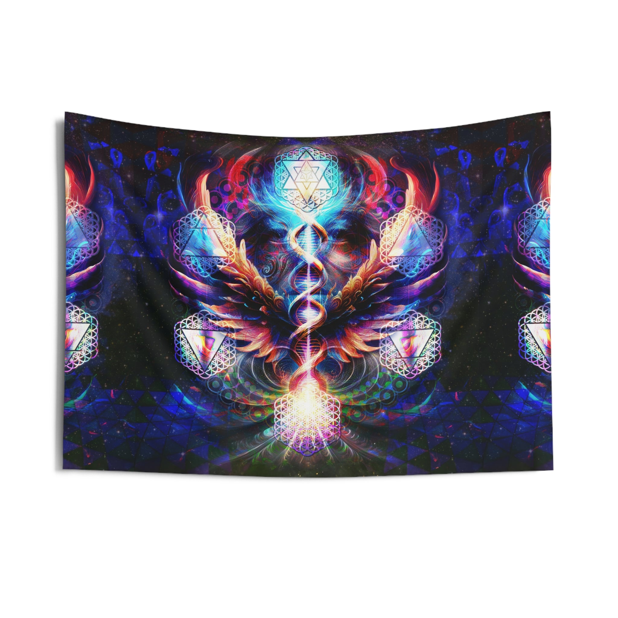 Essence of the All tapestry with sacred geometry, elemental symbols, DNA spiral, and radiant wings in vivid cosmic colors