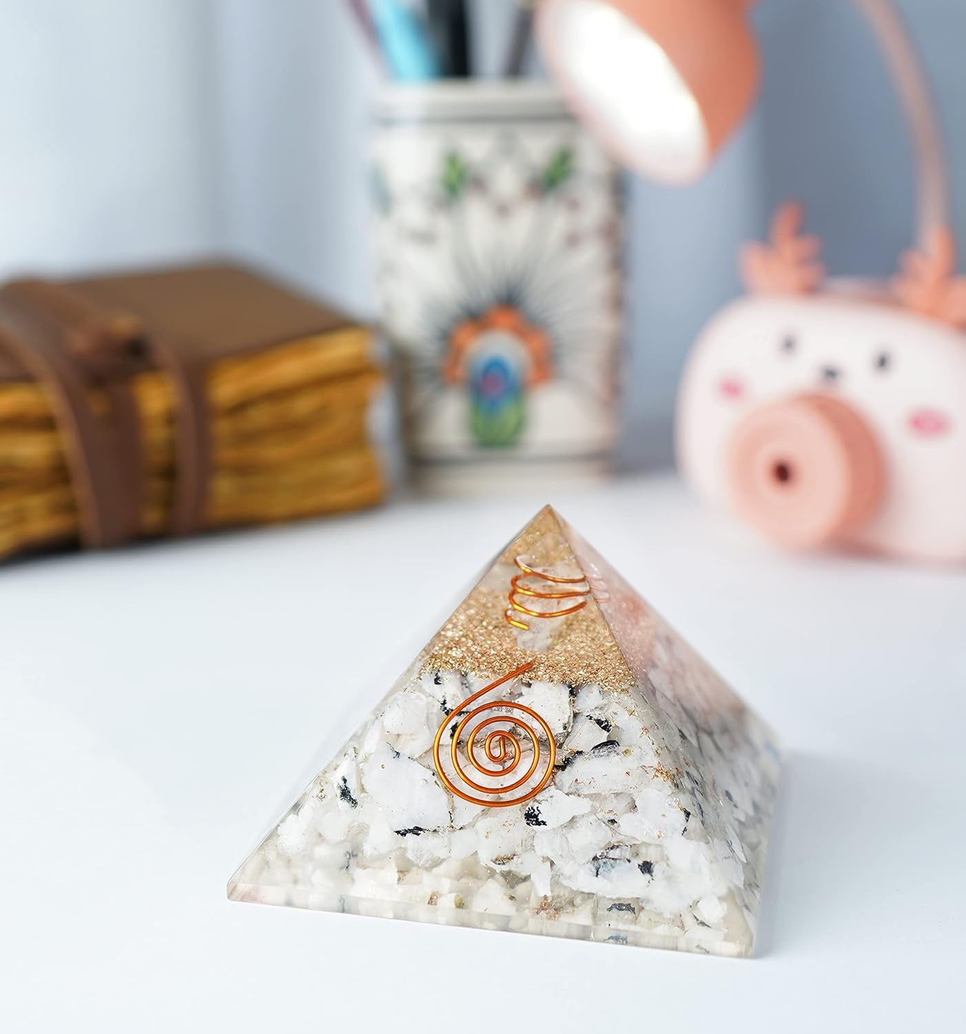55Mm Orgone Pyramid Rainbow Moonstone Protection Crystals Reiki Healing Stones, Organite Pyramid for Good Luck Gift for Women Men Gemstone Crystal Chakra Charm Orgone Generator Orgonite Collection
