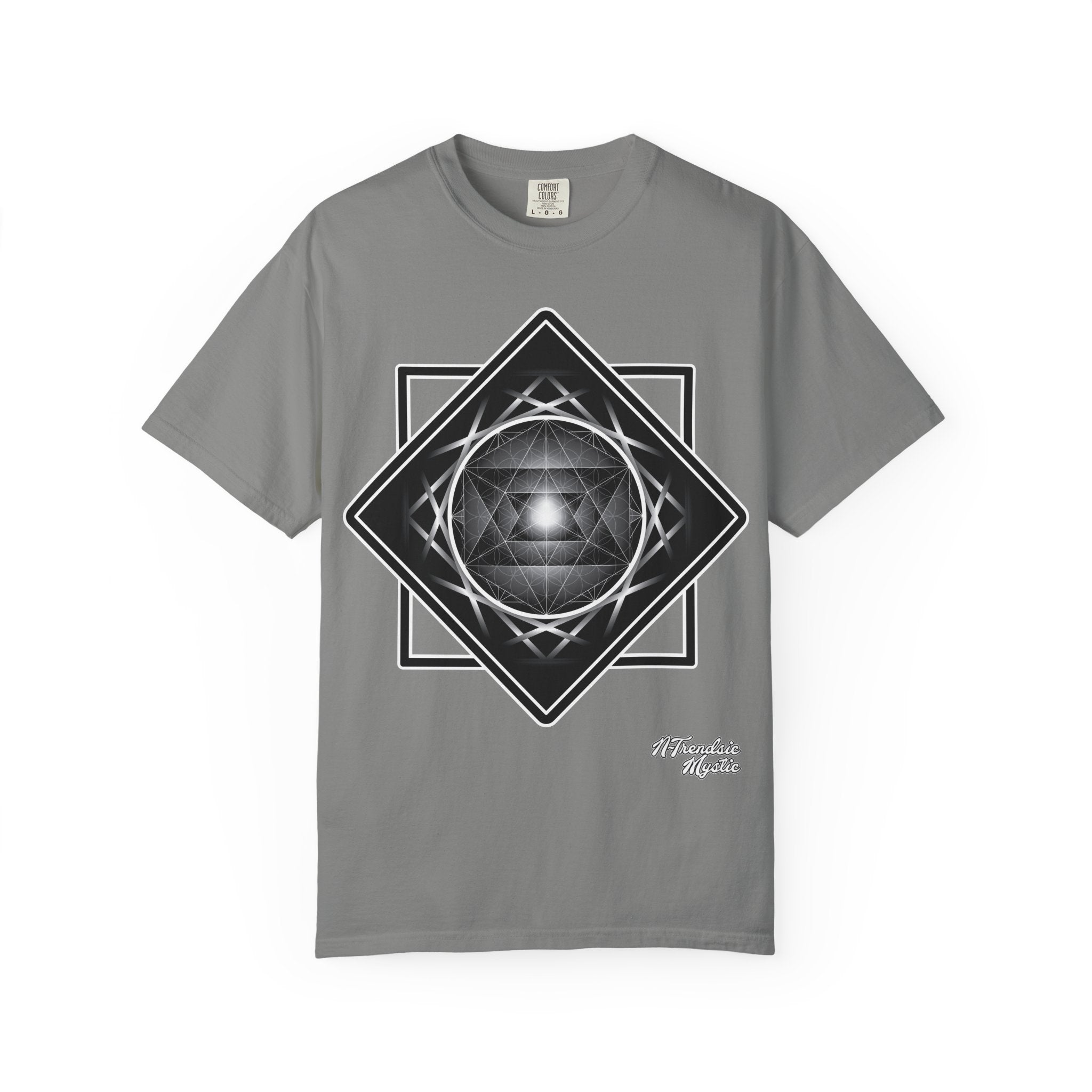 Merkaba Energy Tee – unisex t-shirt featuring luminous Merkaba star in monochrome sacred geometry design on multiple color options