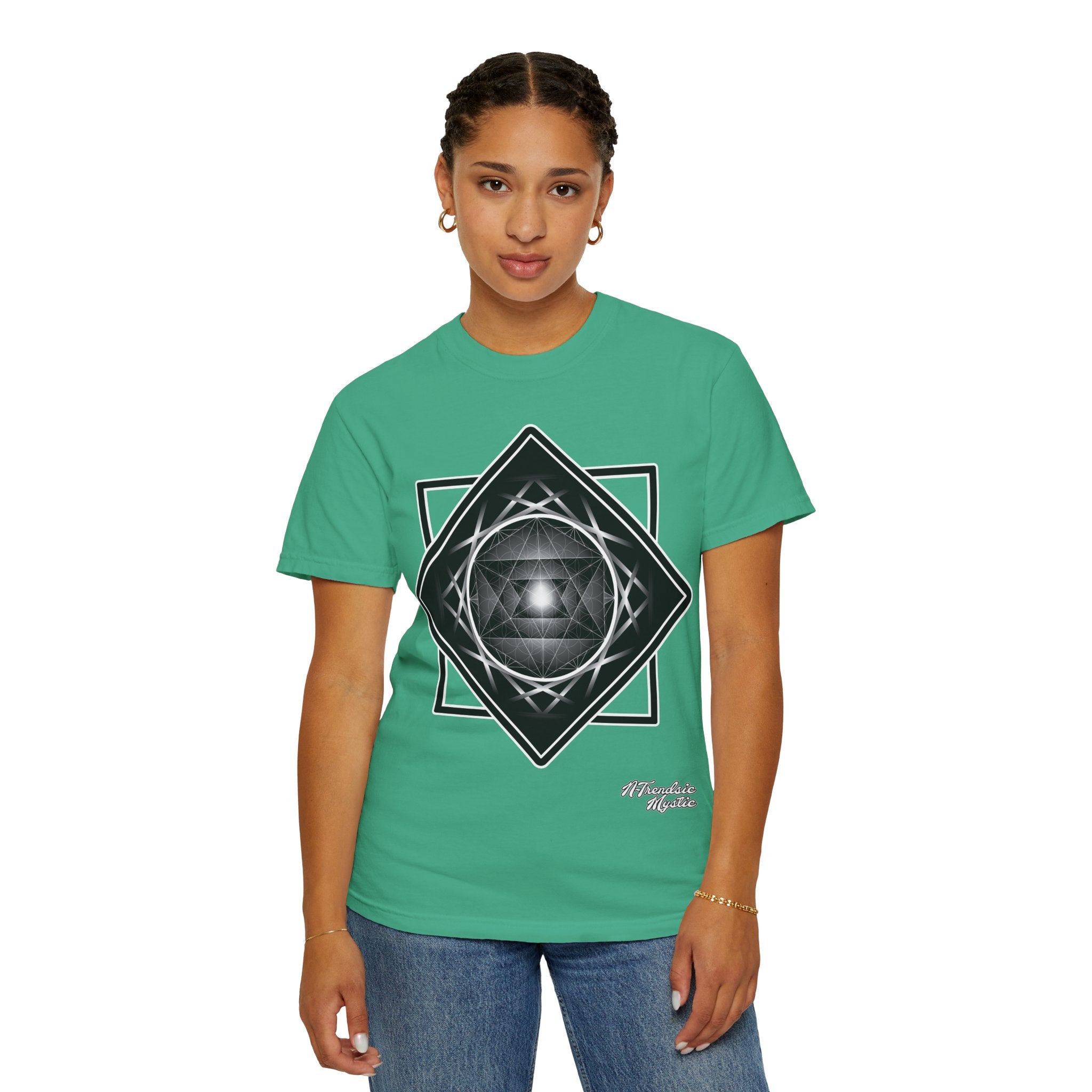 Merkaba Energy Tee – unisex t-shirt featuring luminous Merkaba star in monochrome sacred geometry design on multiple color options
