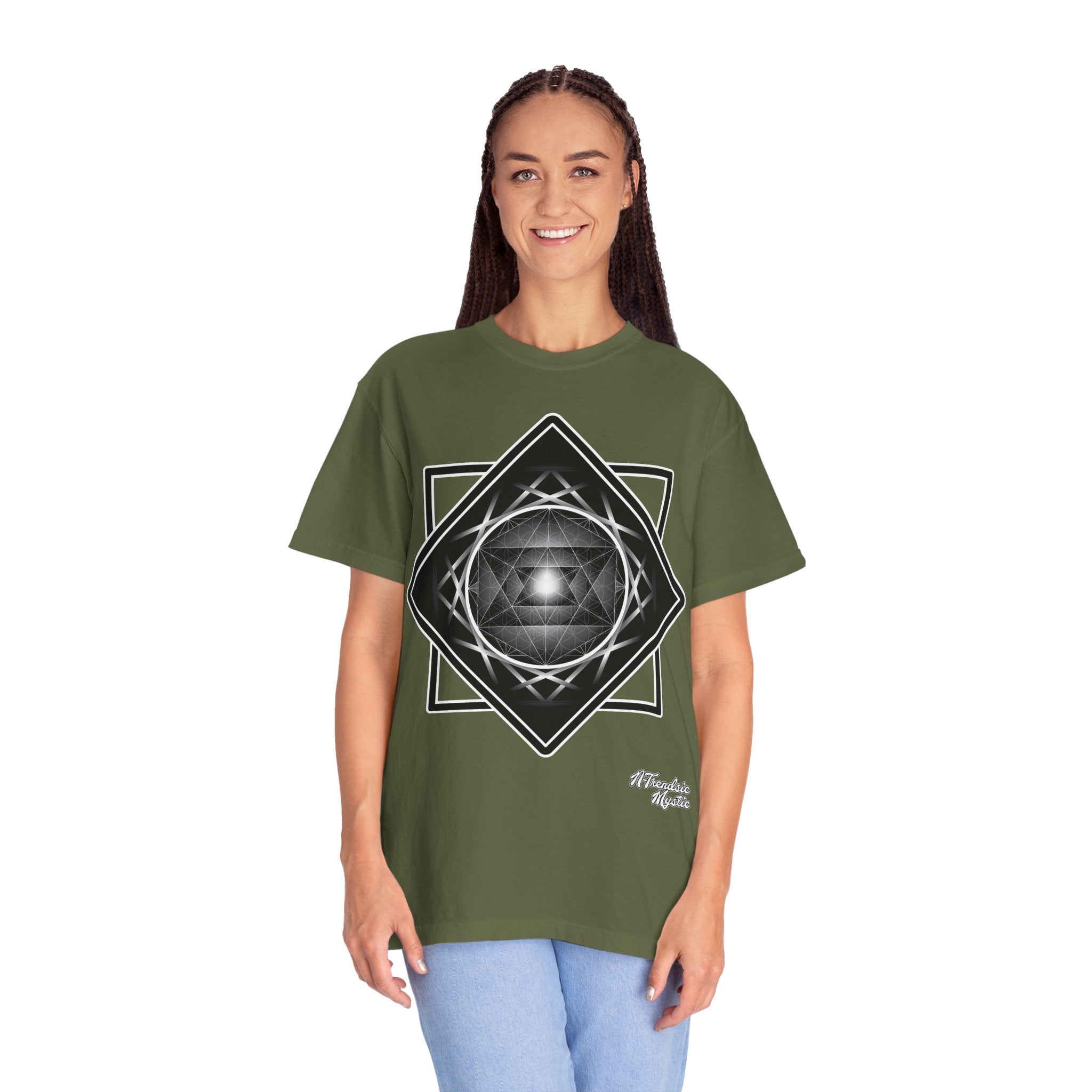 Merkaba Energy Tee – unisex t-shirt featuring luminous Merkaba star in monochrome sacred geometry design on multiple color options