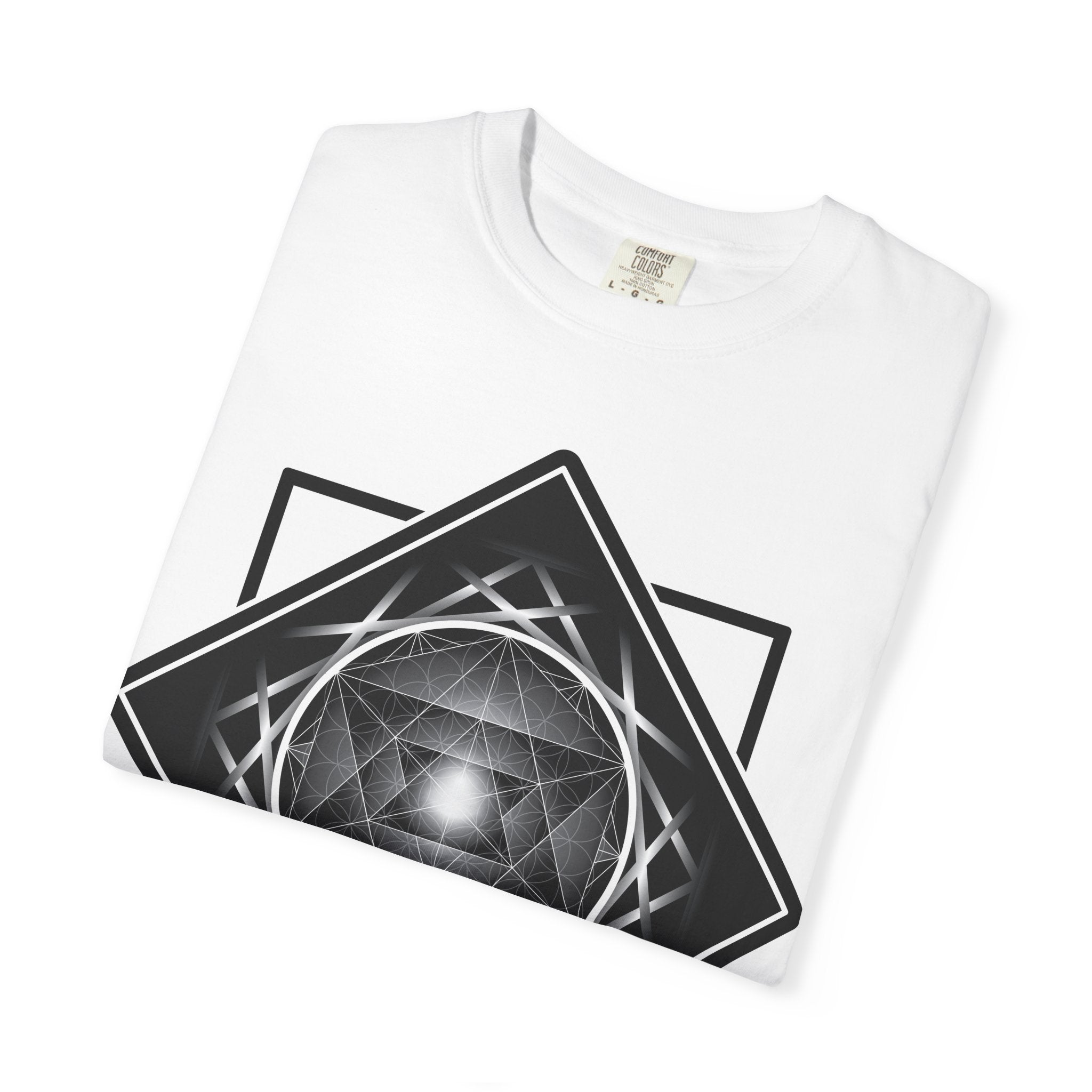 Merkaba Energy Tee – unisex t-shirt featuring luminous Merkaba star in monochrome sacred geometry design on multiple color options