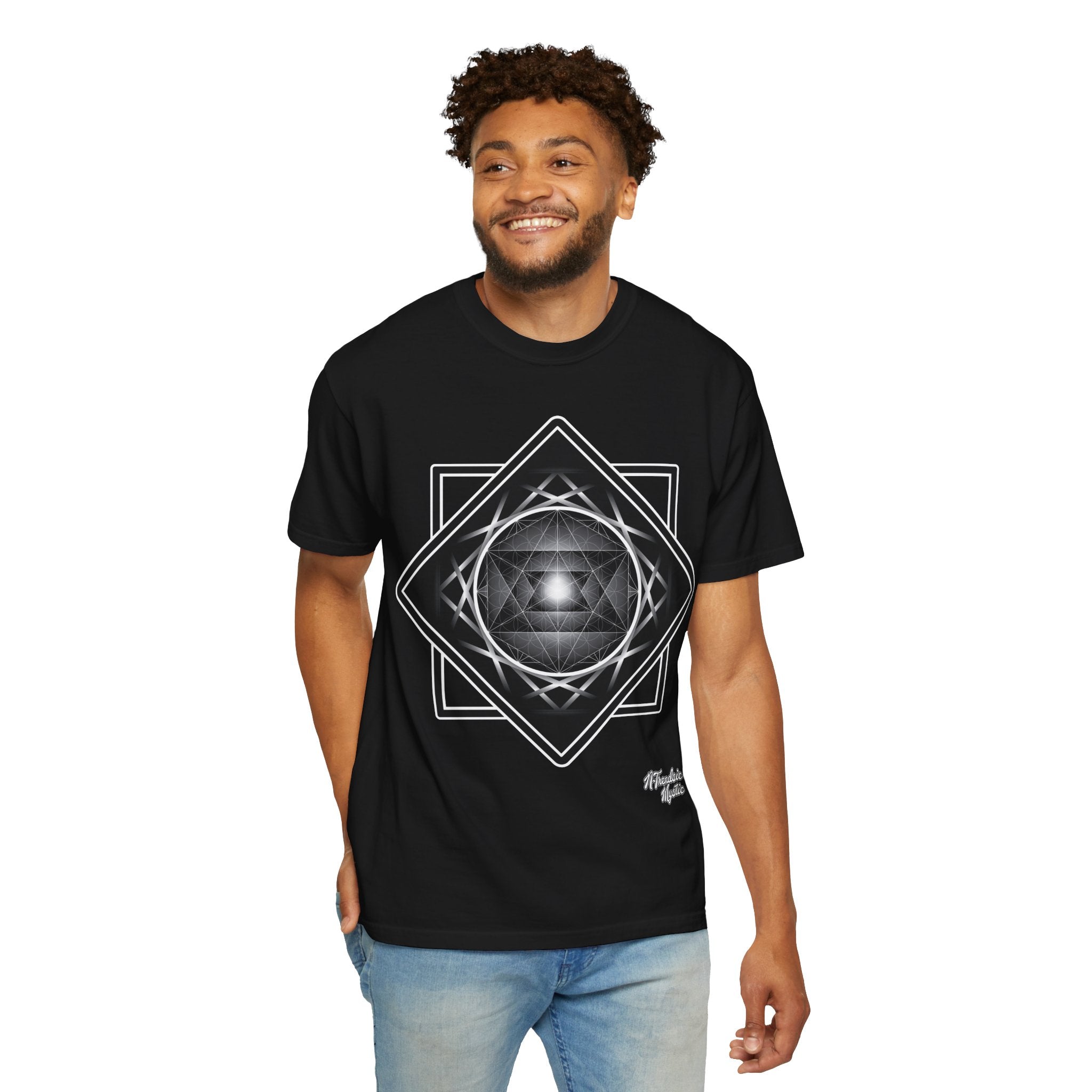 Merkaba Energy Tee – unisex t-shirt featuring luminous Merkaba star in monochrome sacred geometry design on multiple color options