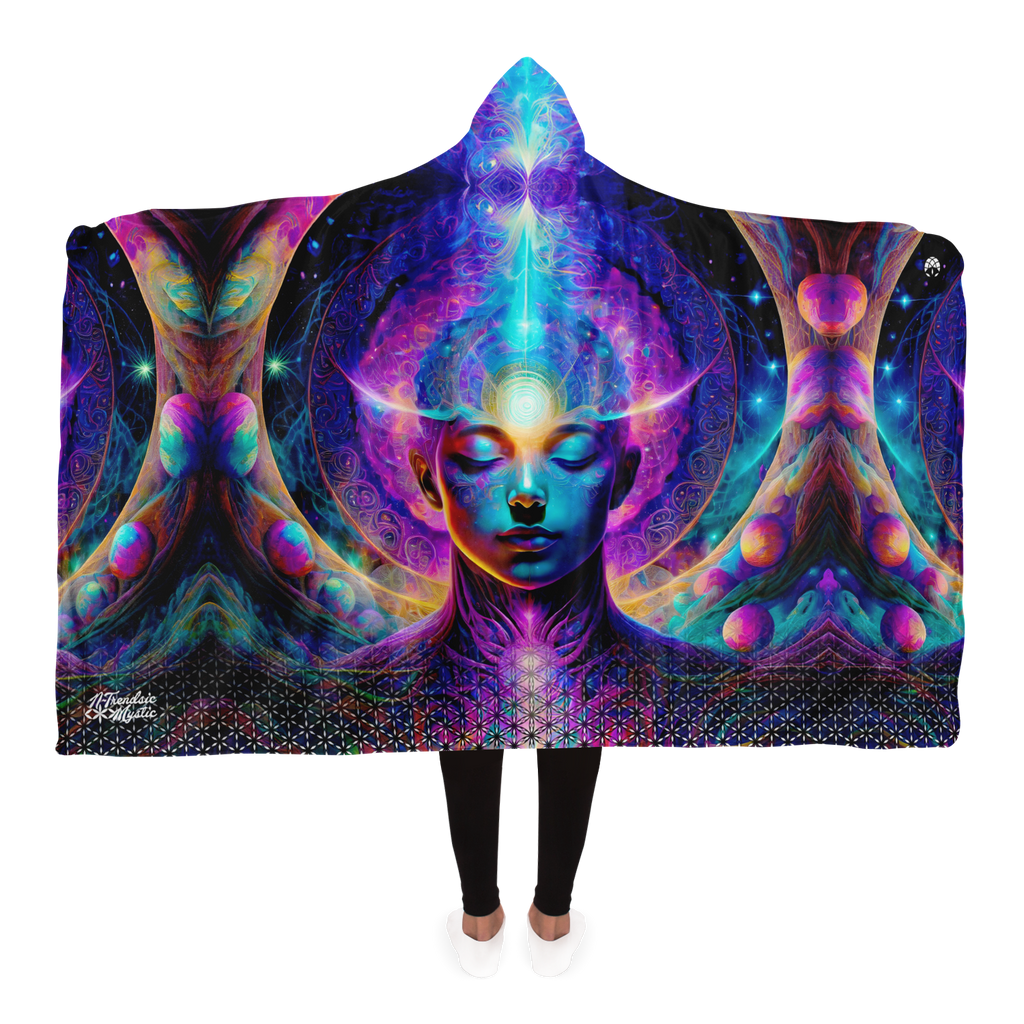 Mystic Contemplation hooded blanket — cosmic meditative figure with glowing third eye and sacred geometry, sherpa-lined for warmth and comfort