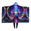 Mystic Contemplation hooded blanket — cosmic meditative figure with glowing third eye and sacred geometry, sherpa-lined for warmth and comfort