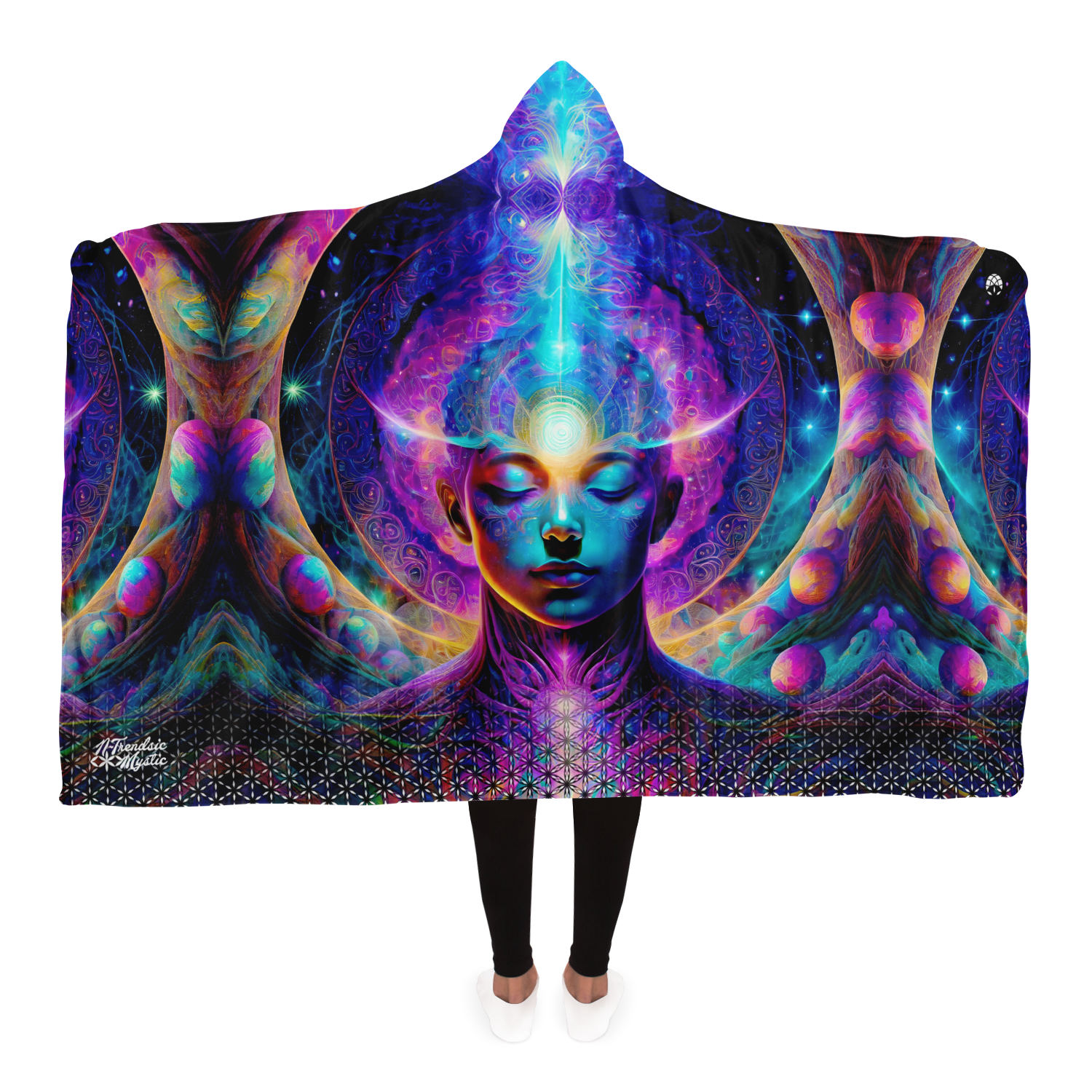 Mystic Contemplation hooded blanket — cosmic meditative figure with glowing third eye and sacred geometry, sherpa-lined for warmth and comfort