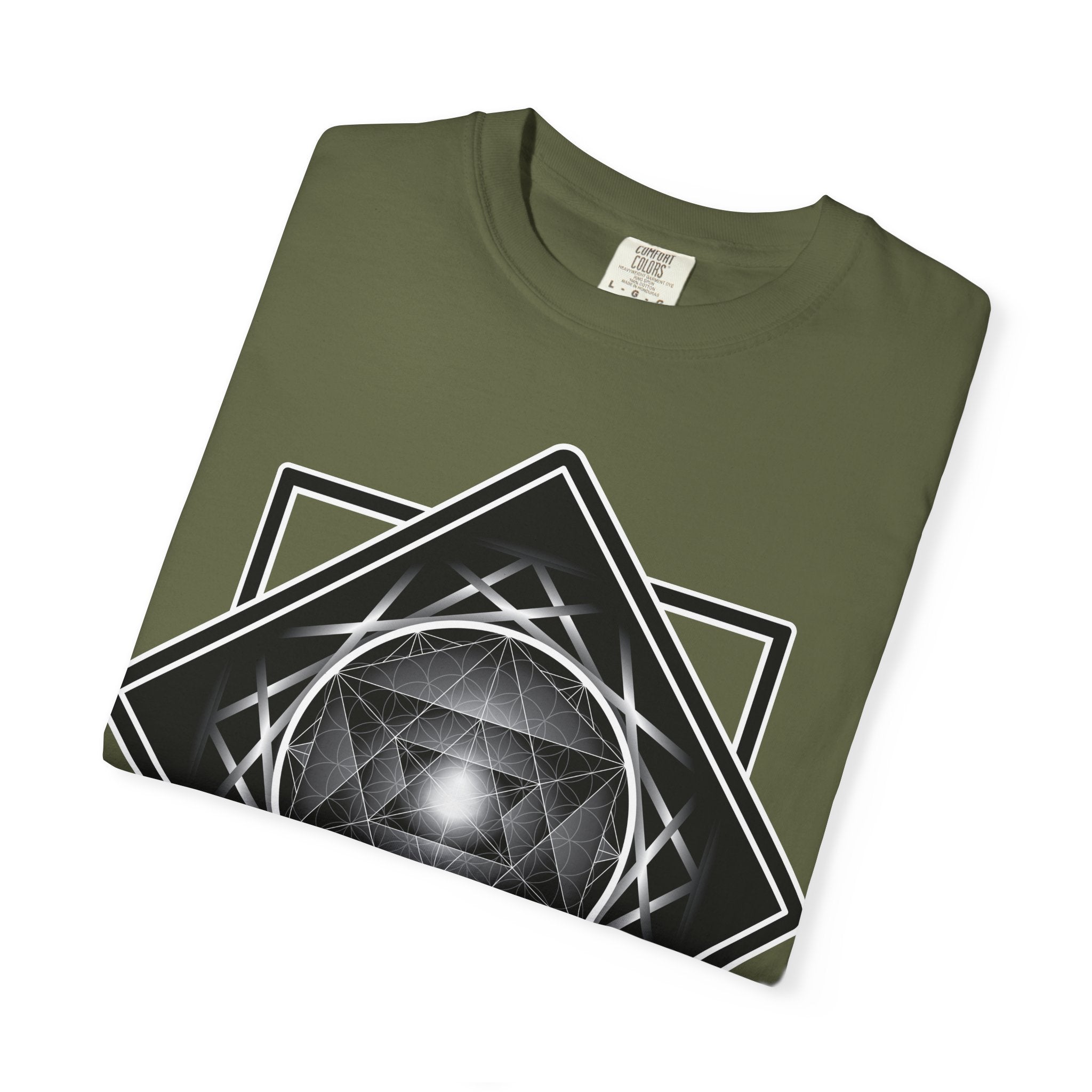 Merkaba Energy Tee – unisex t-shirt featuring luminous Merkaba star in monochrome sacred geometry design on multiple color options