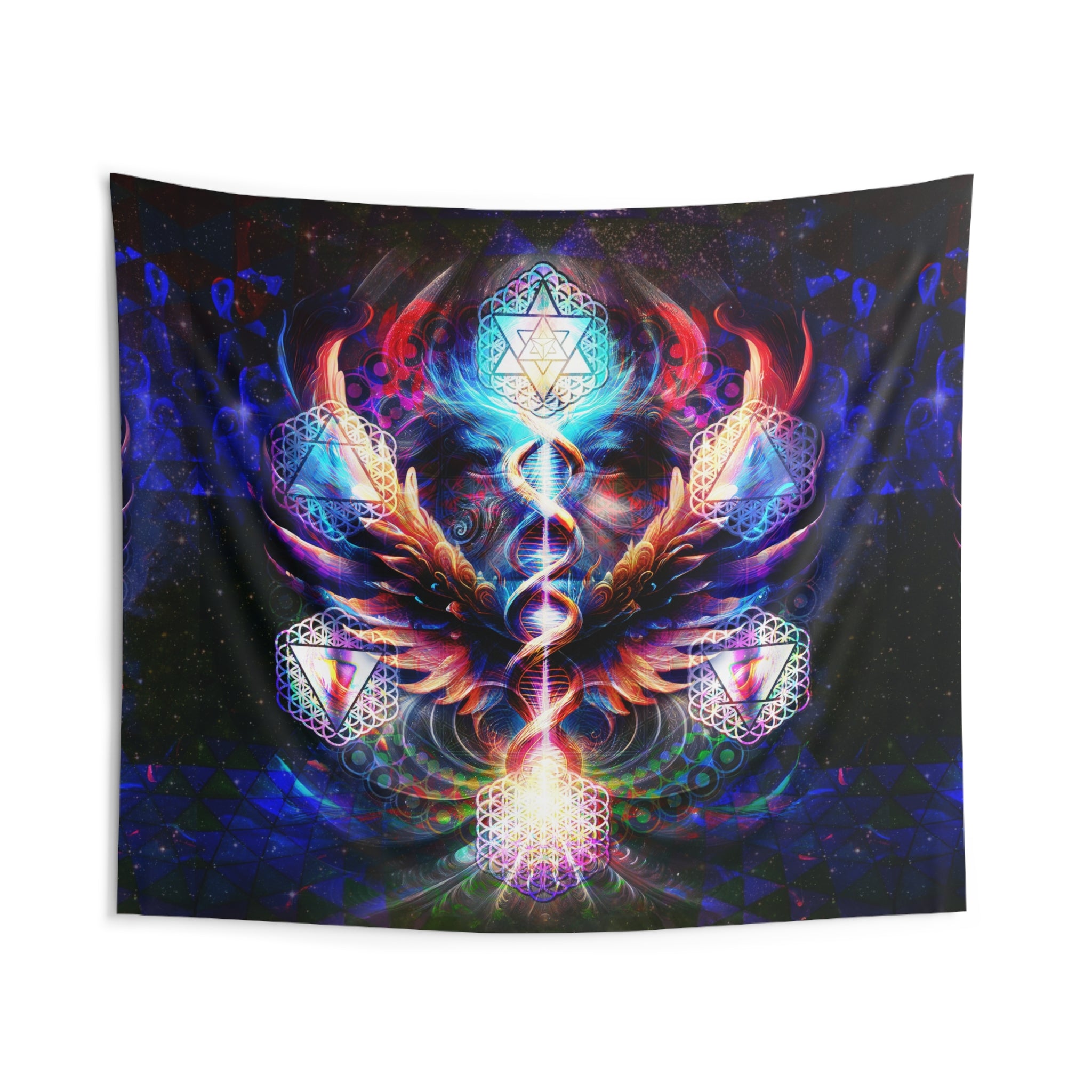 Essence of the All tapestry with sacred geometry, elemental symbols, DNA spiral, and radiant wings in vivid cosmic colors