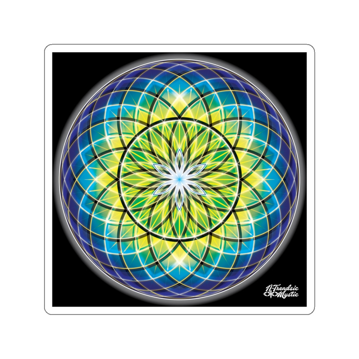 Colorful mandala design with blue and green colors on a black background