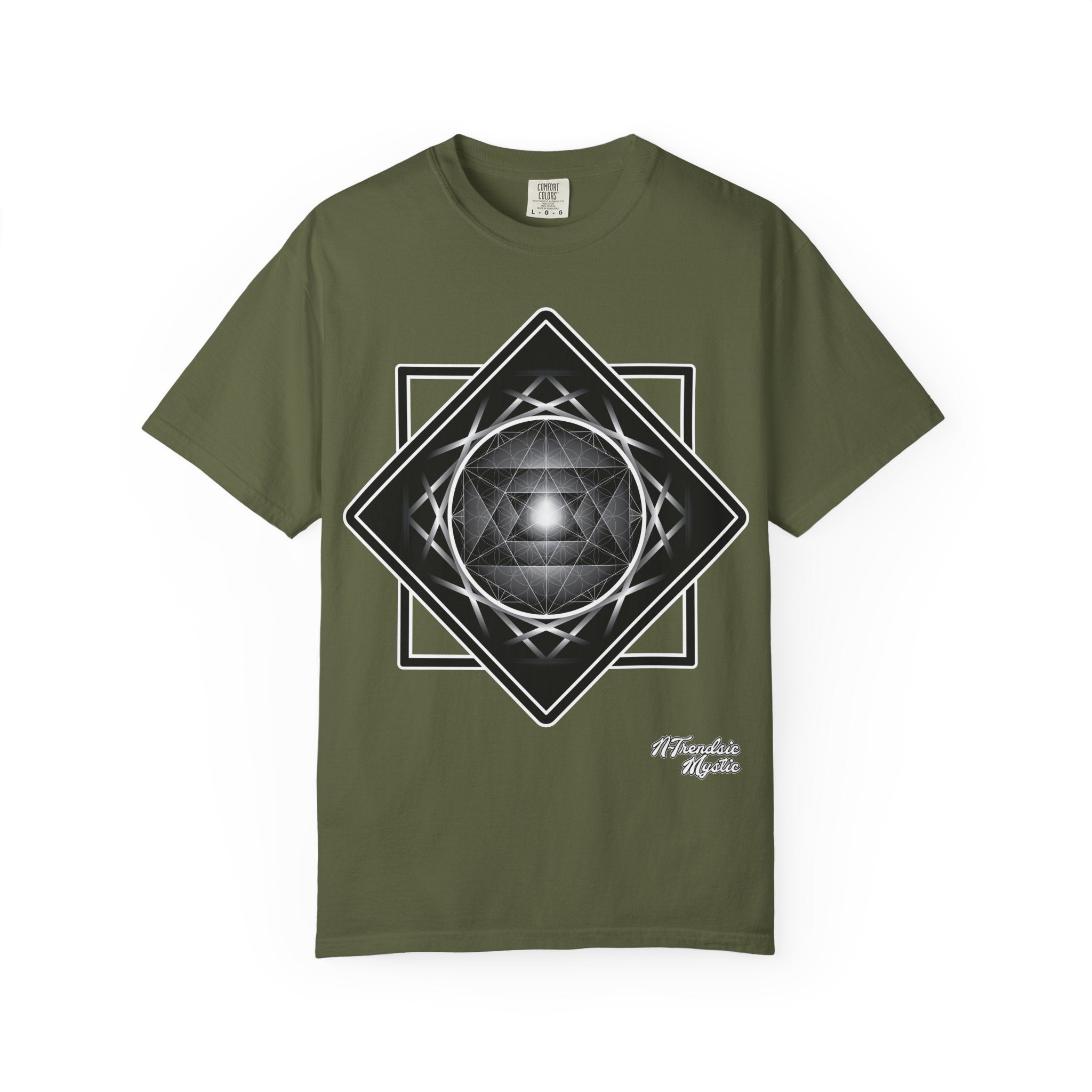 Merkaba Energy Tee – unisex t-shirt featuring luminous Merkaba star in monochrome sacred geometry design on multiple color options