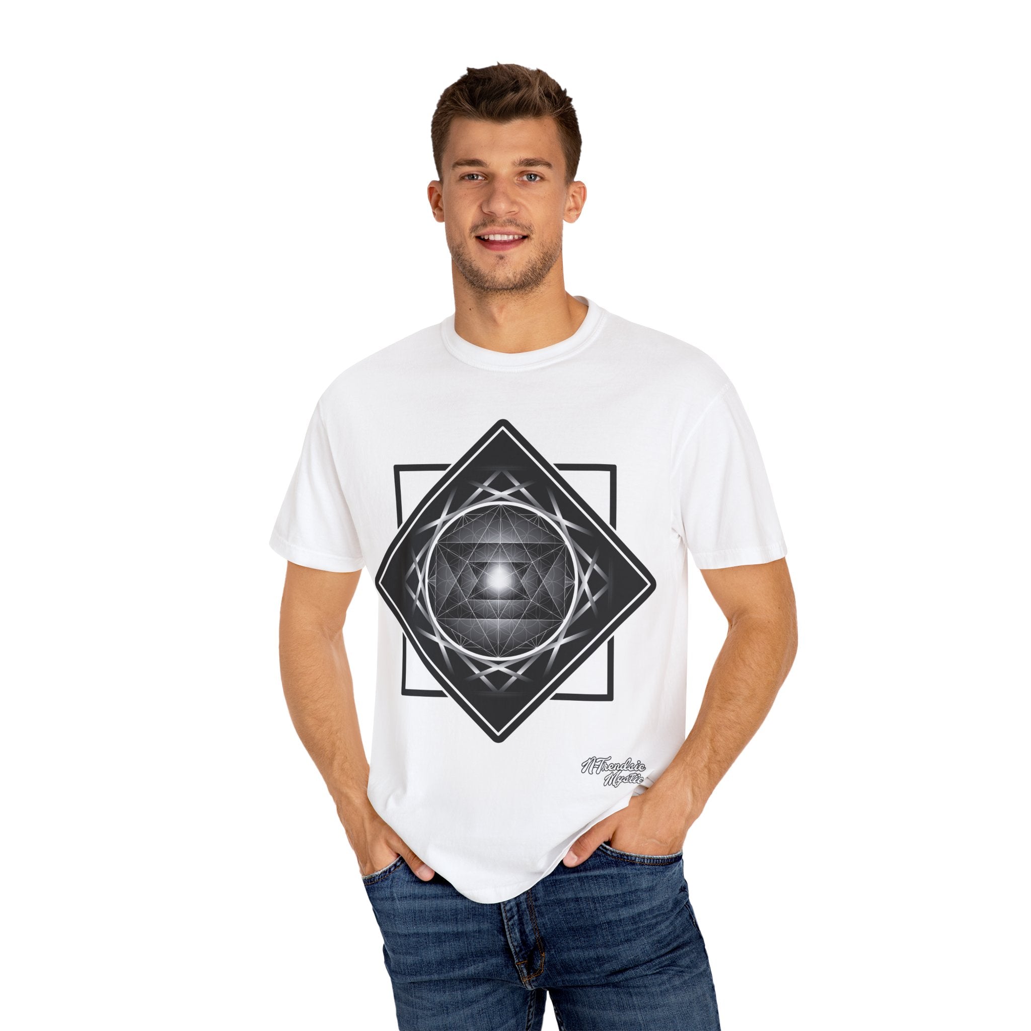 Merkaba Energy Tee – unisex t-shirt featuring luminous Merkaba star in monochrome sacred geometry design on multiple color options