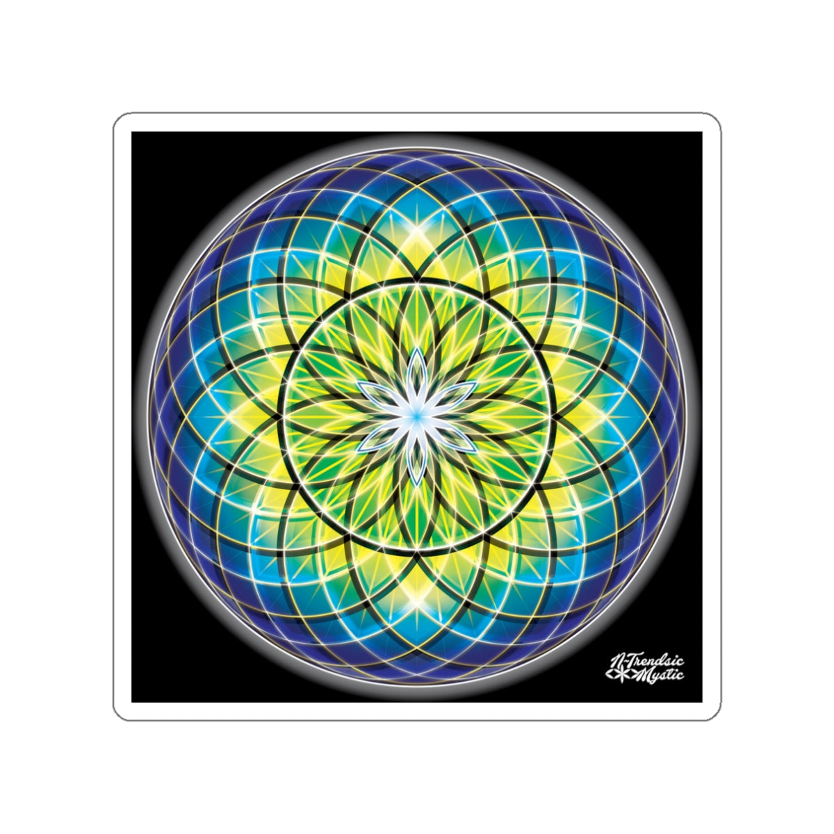 Colorful mandala design with blue and green colors on a black background