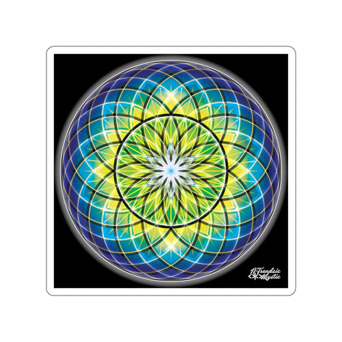 Colorful mandala design with blue and green colors on a black background
