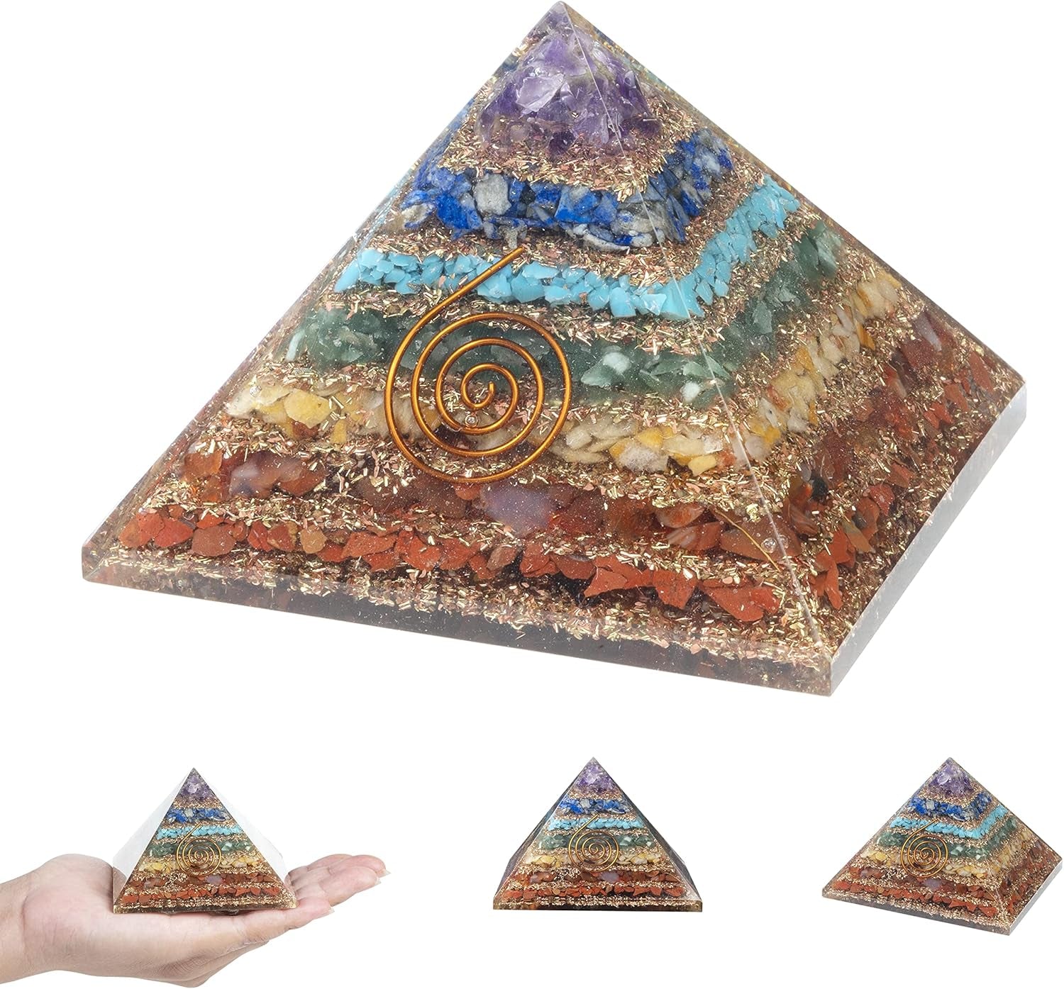 55Mm Orgone Pyramid Rainbow Moonstone Protection Crystals Reiki Healing Stones, Organite Pyramid for Good Luck Gift for Women Men Gemstone Crystal Chakra Charm Orgone Generator Orgonite Collection